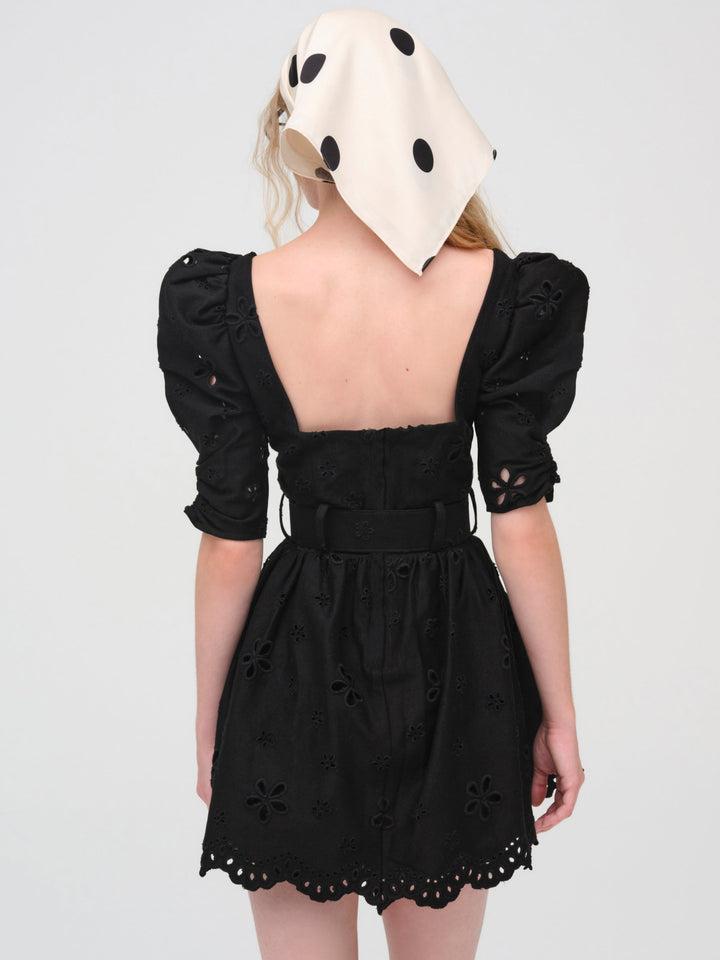 Daisy Eyelet Belted Mini Dress — Black Product Image