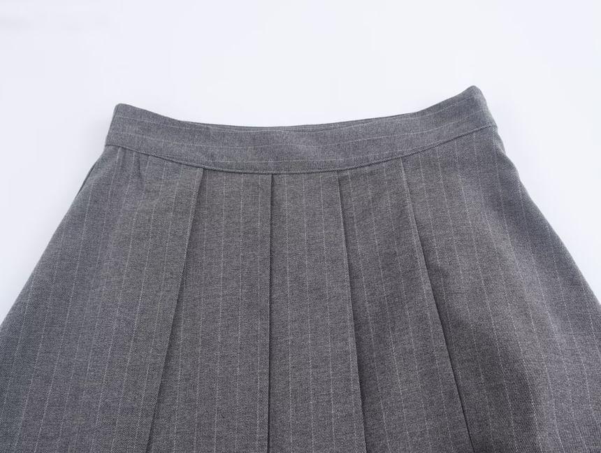 High Waist Pinstriped Pleated Midi A-Line Skirt Product Image