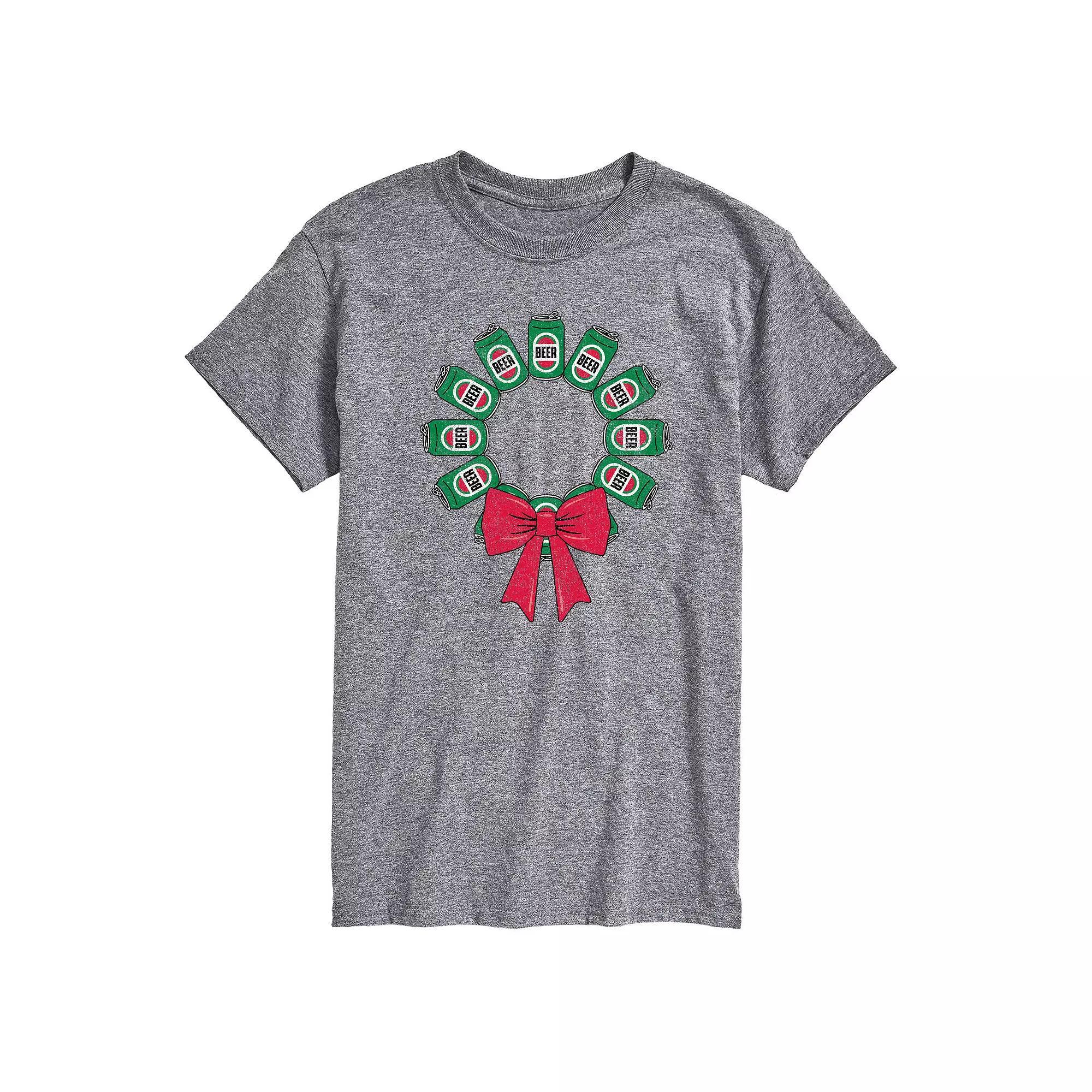 Men's Beer Christmas Wreath Graphic Tee, Size: Medium, Grey Gray Product Image