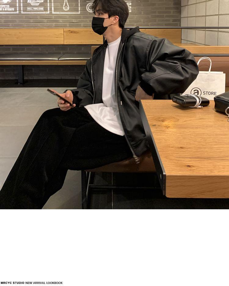 Hooded Faux Leather Zip Jacket Product Image