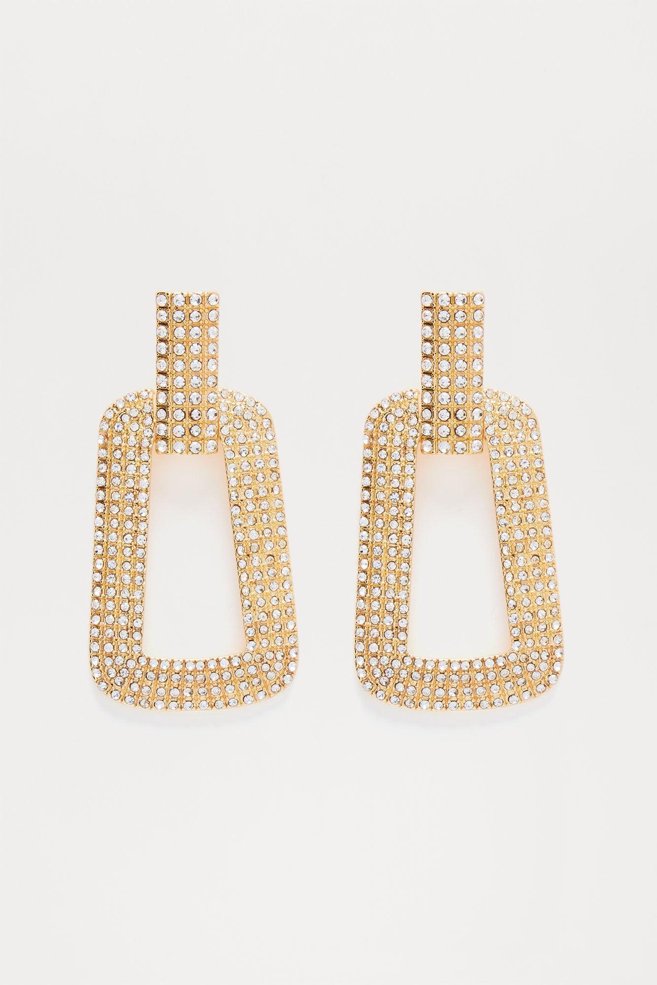 Rhinestone Buckle Drop Earrings - Gold Product Image