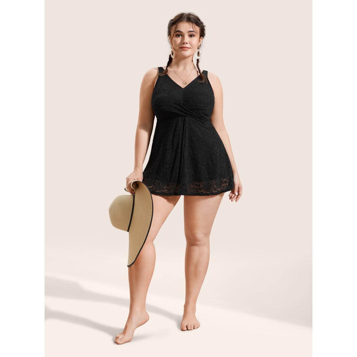 Plus Size V Neck Lace Insert Gathered Swim Top Women's Swimwear Black Beach Twist High stretch Bodycon V-neck Curve Swim Tops BloomChic 18-20/2X Product Image