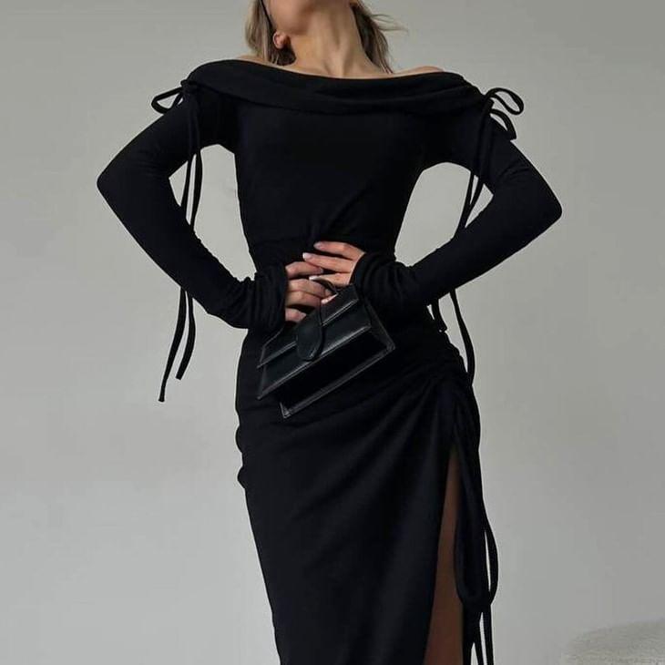 Off-Shoulder Long-Sleeve Plain Bow Slit Midi Bodycon Dress Product Image