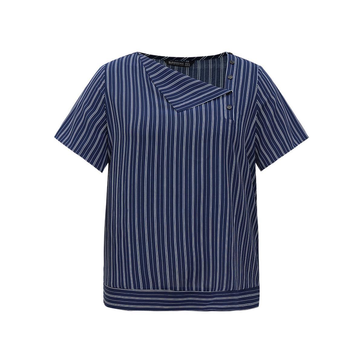 Plus Size DarkBlue Striped Print Asymmetrical Neck Blouse Women Office Short sleeve Asymmetrical Neck Work Blouses BloomChic 26/4X Product Image