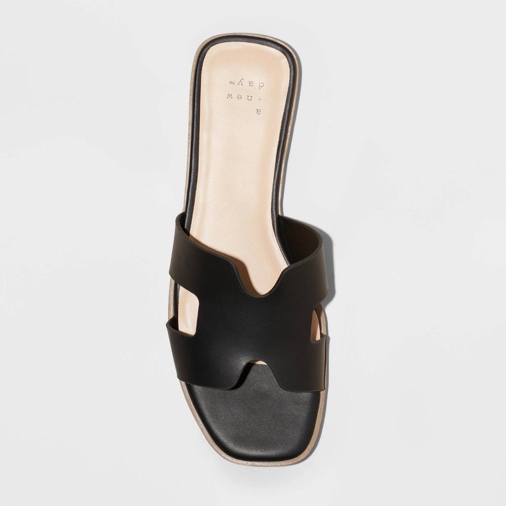 Womens Nina Slide Sandals - A New Day Black 9: Slip-On Faux Leather, Open Toe, Textured Outsole, Medium Width Product Image