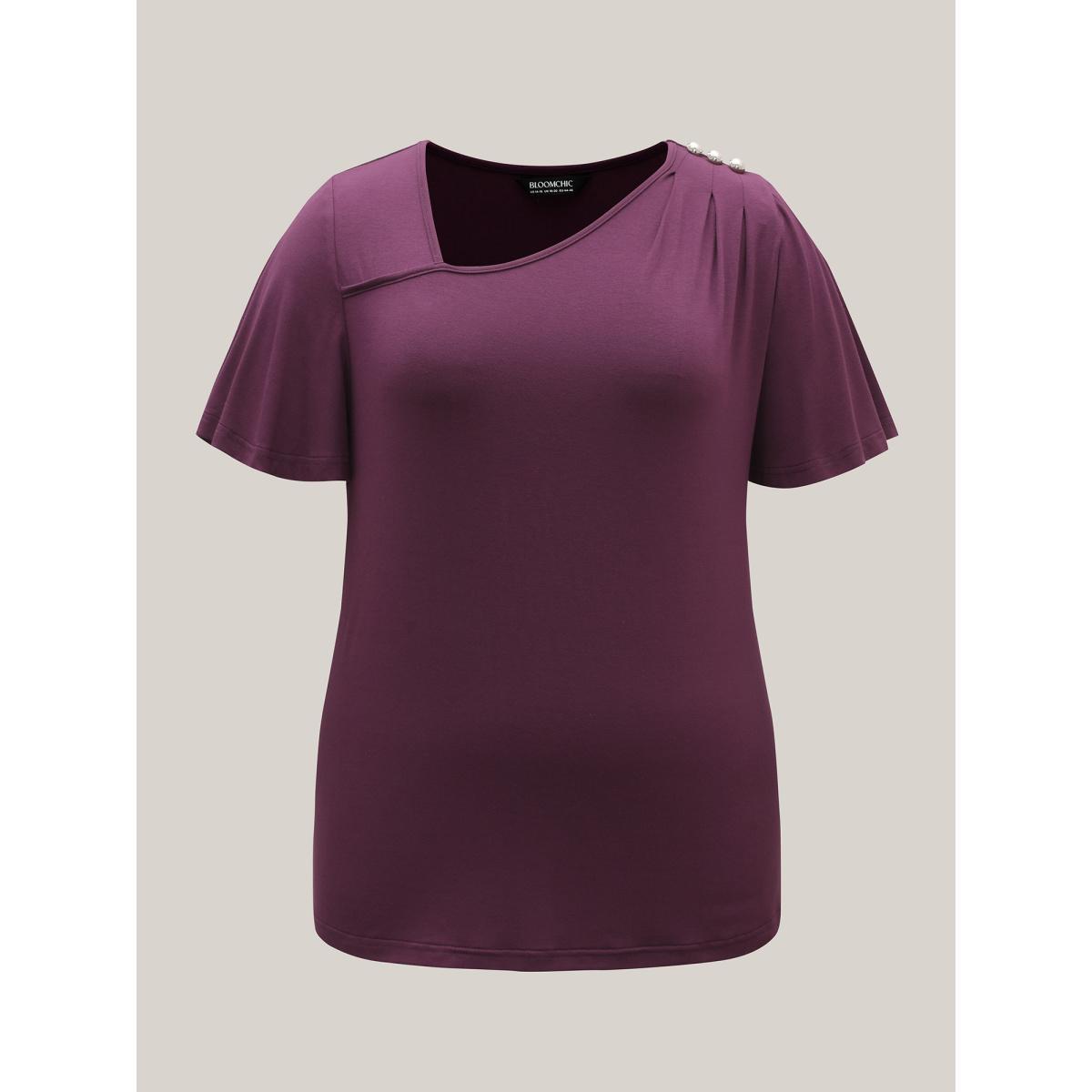 Plus Size Supersoft Asymmetrical Neckline Flutter Sleeve T-Shirt Plum Women Casual Pleated Asymmetrical Neck Everyday T-shirts BloomChic 28/5X Product Image