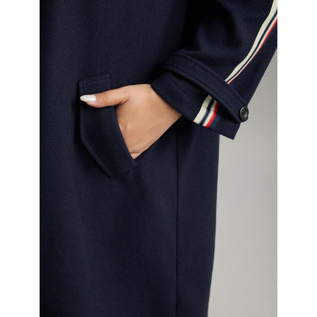 Plus Size Plain Lapel Collar Button Up Contrast Webbing Windbreaker Women Indigo Casual Patchwork Ladies Dailywear Winter Coats BloomChic 14-16/1X Product Image