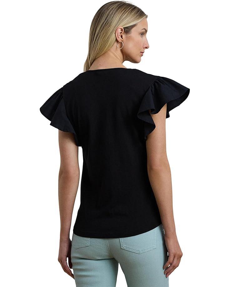 Knit V-Neck Combo Pearl Sleeve Top Product Image