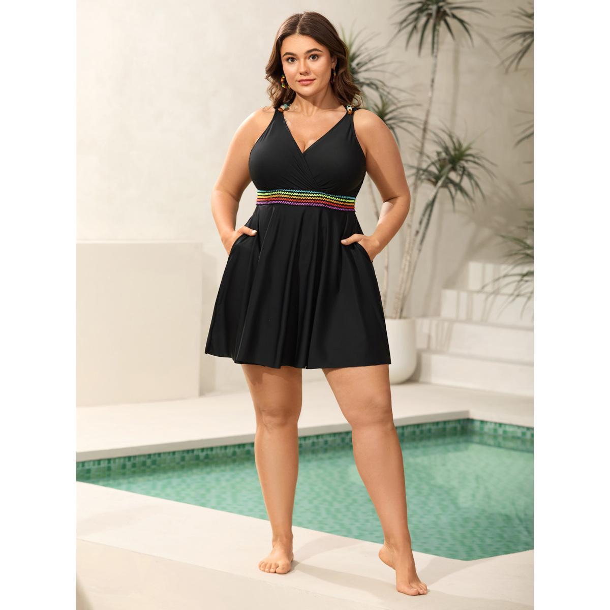 Plus Size Colorful Webbed Pockets Adjustable Swim Dress Women's Swimwear Black Beach Bodycon Overlap Collar High stretch Curve Swim Dresses BloomChic 28/5X Product Image
