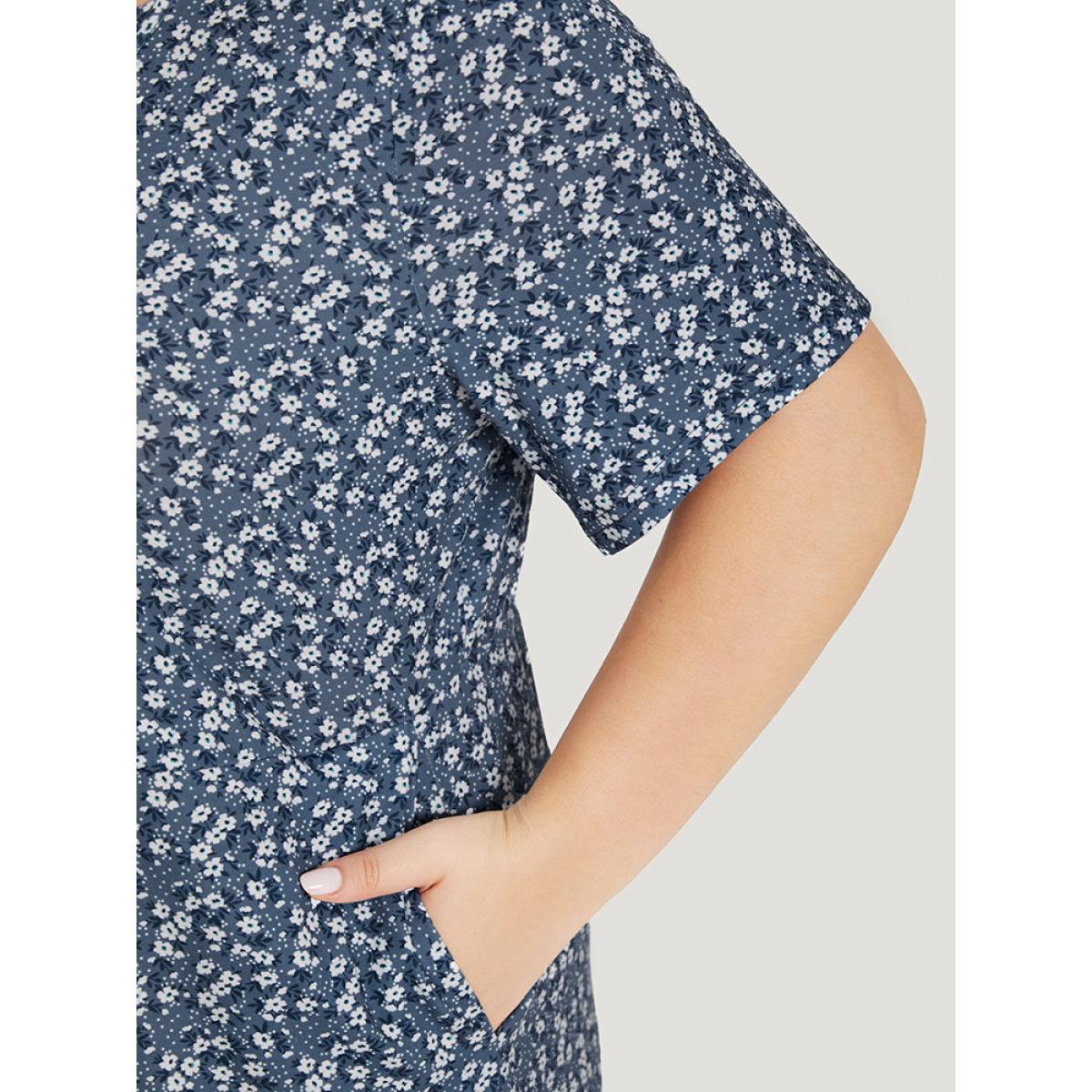 Plus Size Ditsy Floral Pocket Curved Hem Knotted Dress Stone Women Casual Arc Hem V-neck Short sleeve Curvy Midi Dress BloomChic 26/4X Product Image