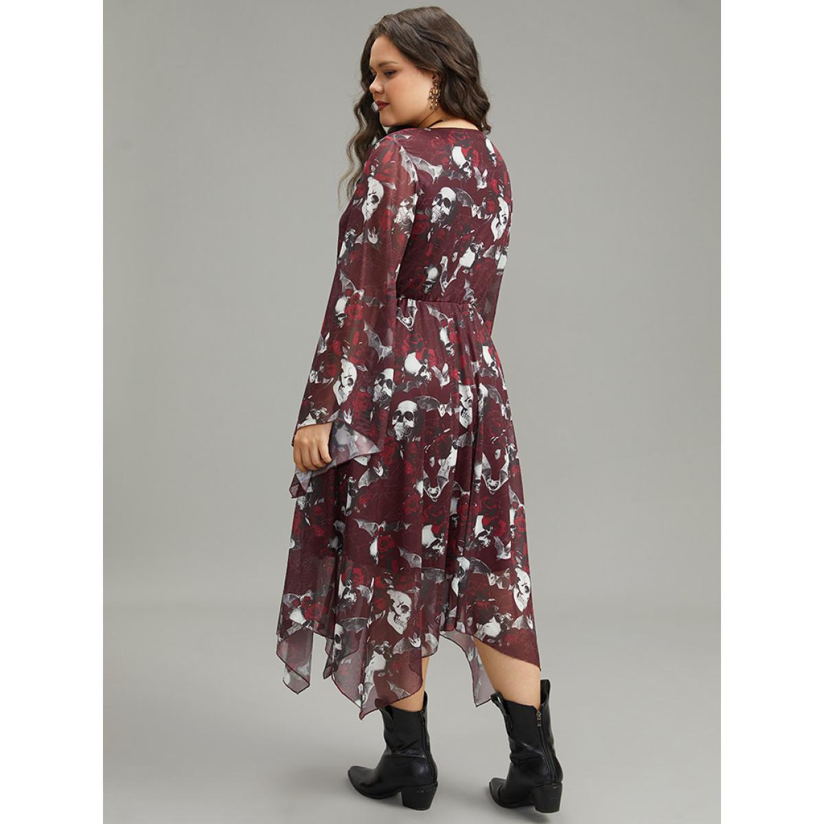 Plus Size Halloween Skull & Floral Print Bell Sleeve Dress Burgundy Women Elegant See through V-neck Long Sleeve Curvy Midi Dress BloomChic 18-20/2X Product Image