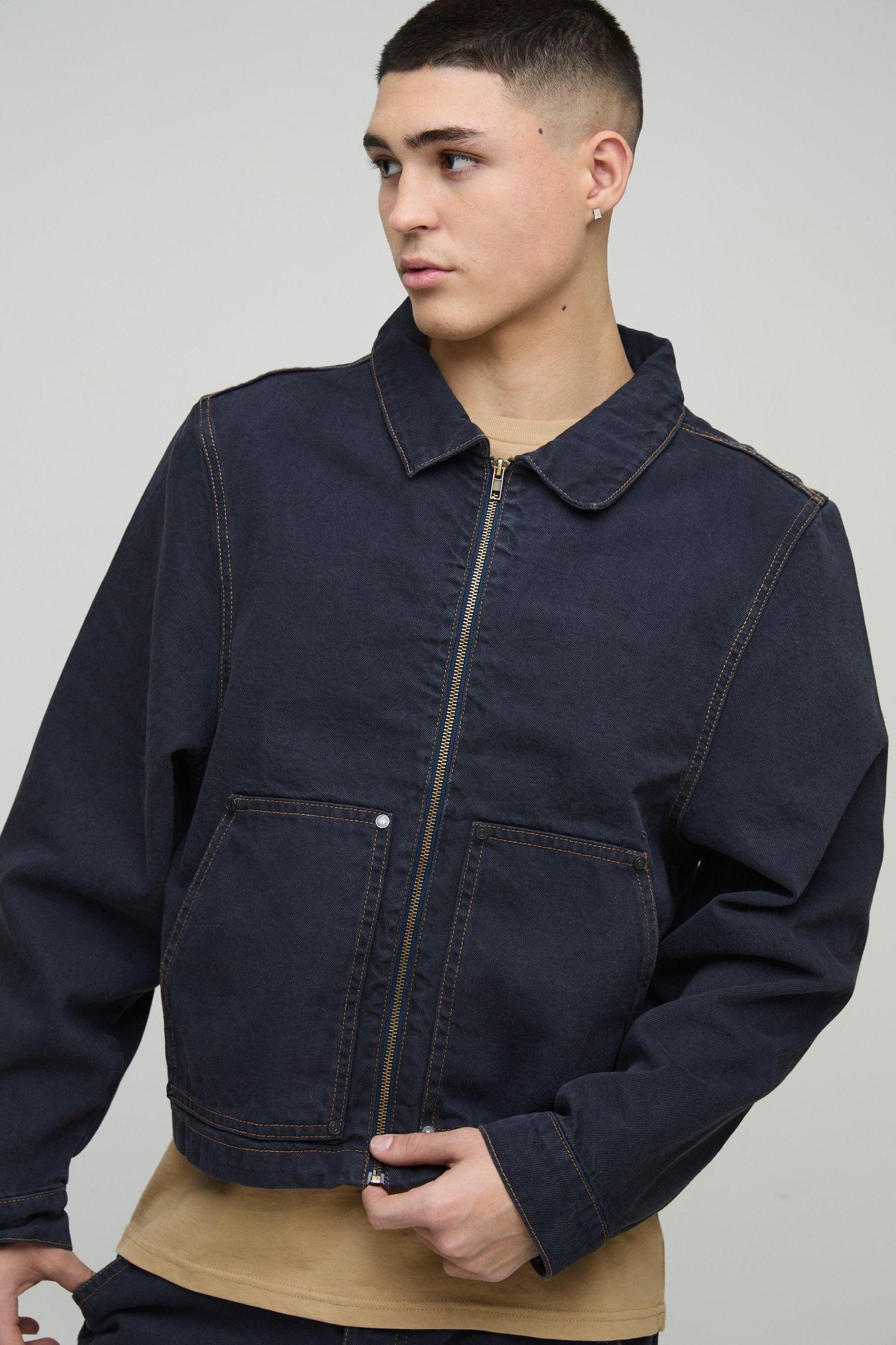 Carpenter Contrast Stitch Denim Harrington Jacket | boohooMAN USA Product Image