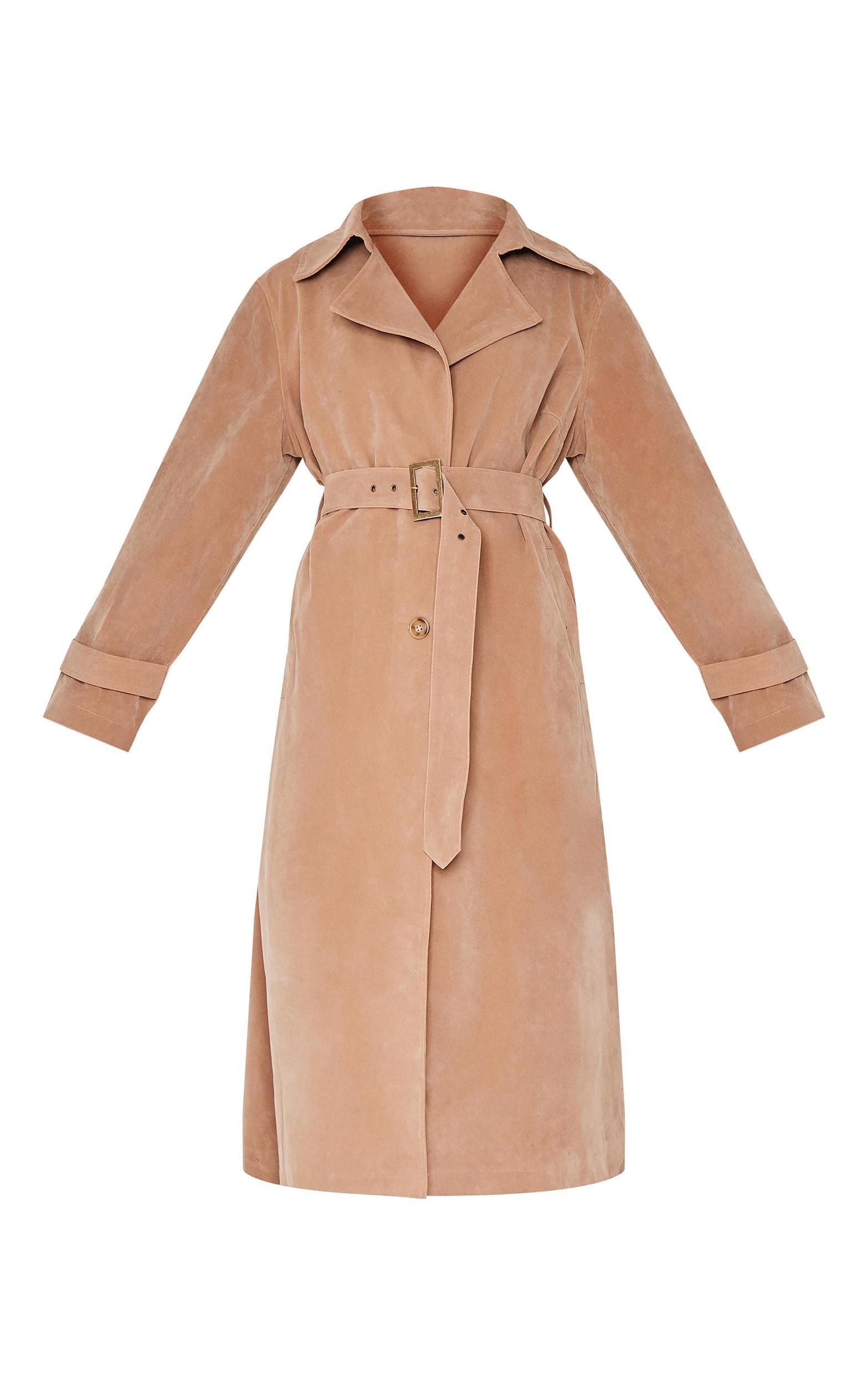 Tan Faux Suede Buckle Belt Trench Coat Product Image