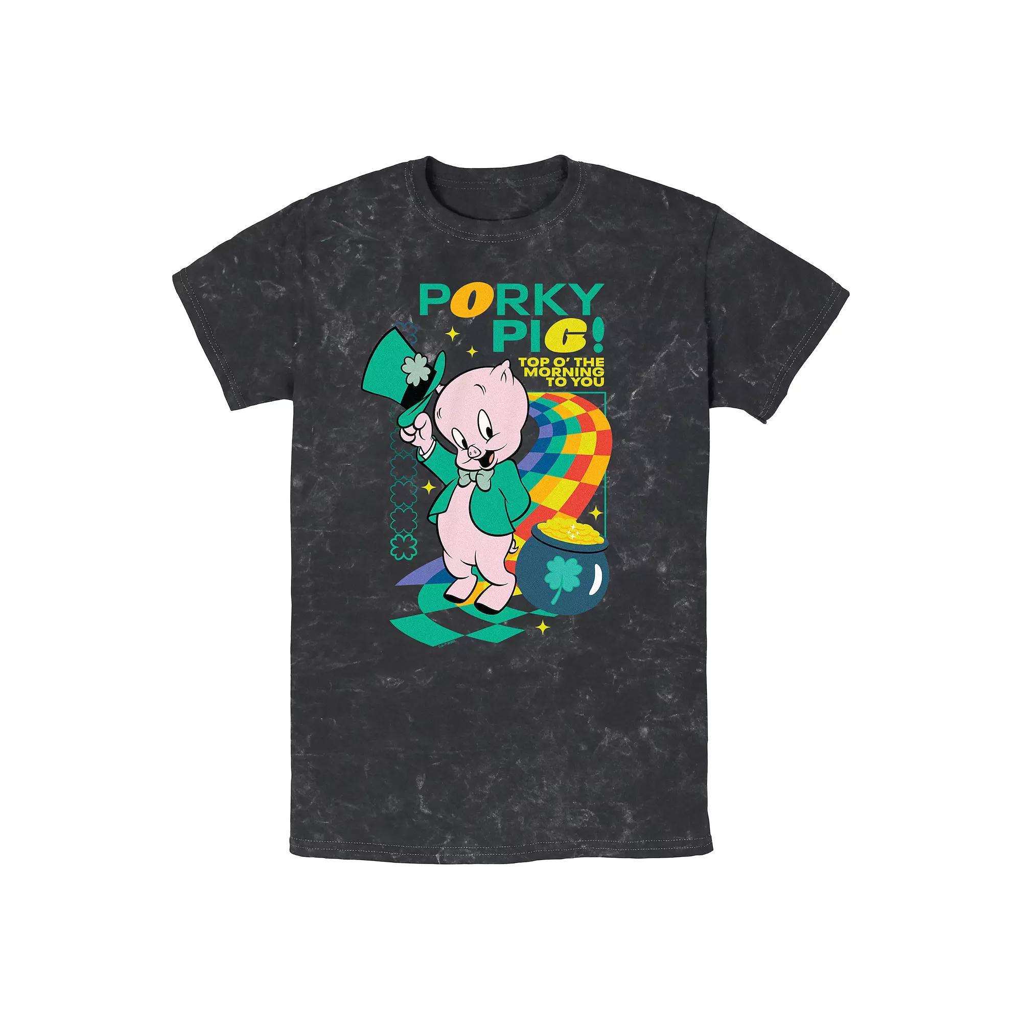 Men's Looney Tunes Porky Pig Top O' The Morning Mineral Wash Graphic Tee, Size: Medium, Black Product Image
