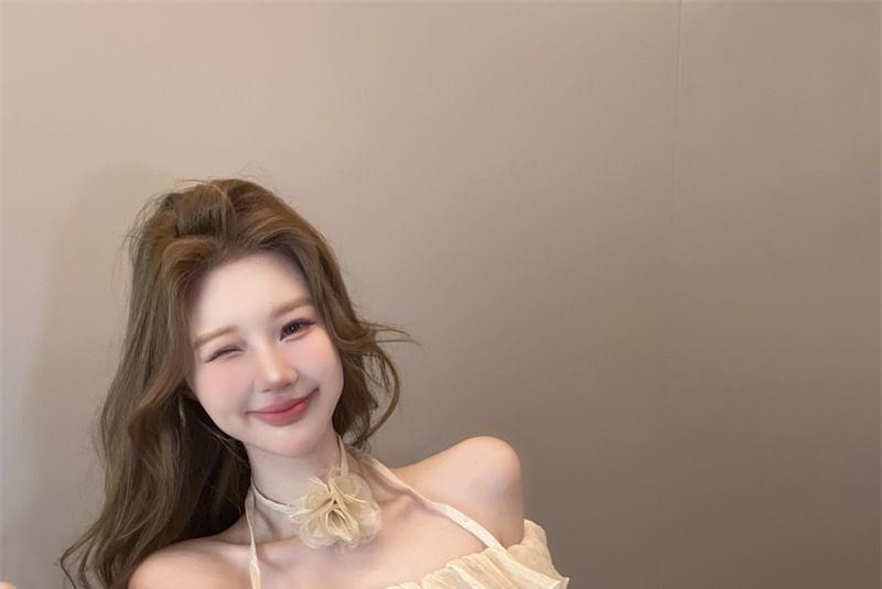 Set: Long-Sleeve Off-Shoulder Plain Asymmetrical Ruffle Trim Crop Blouse + Floral Choker Product Image