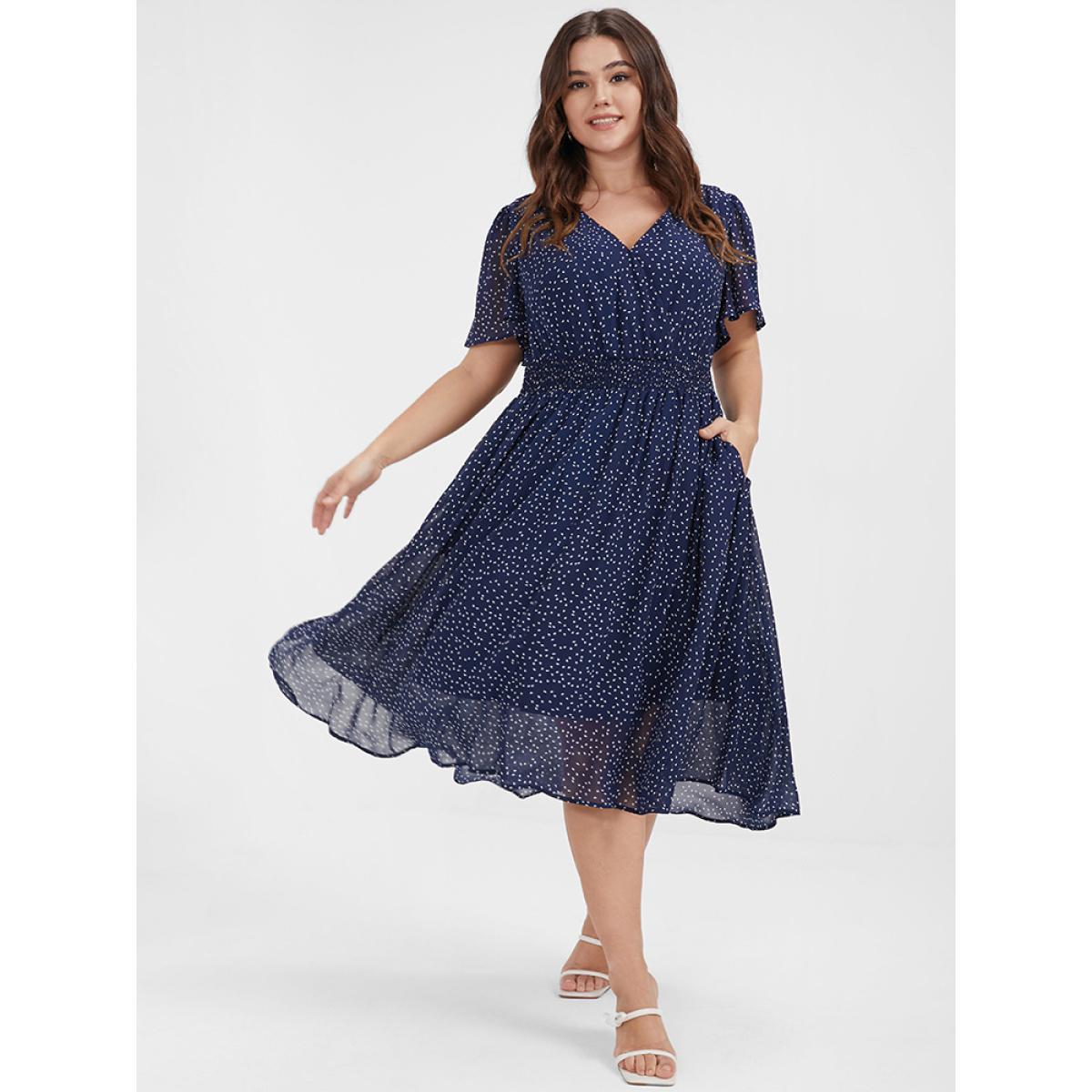 Polka Dot Printed Plus Size Women Midi Dress Dailywear Ruffle Sleeve Short Sleeve V Neck Pocket Elegance Dresses BloomChic Product Image