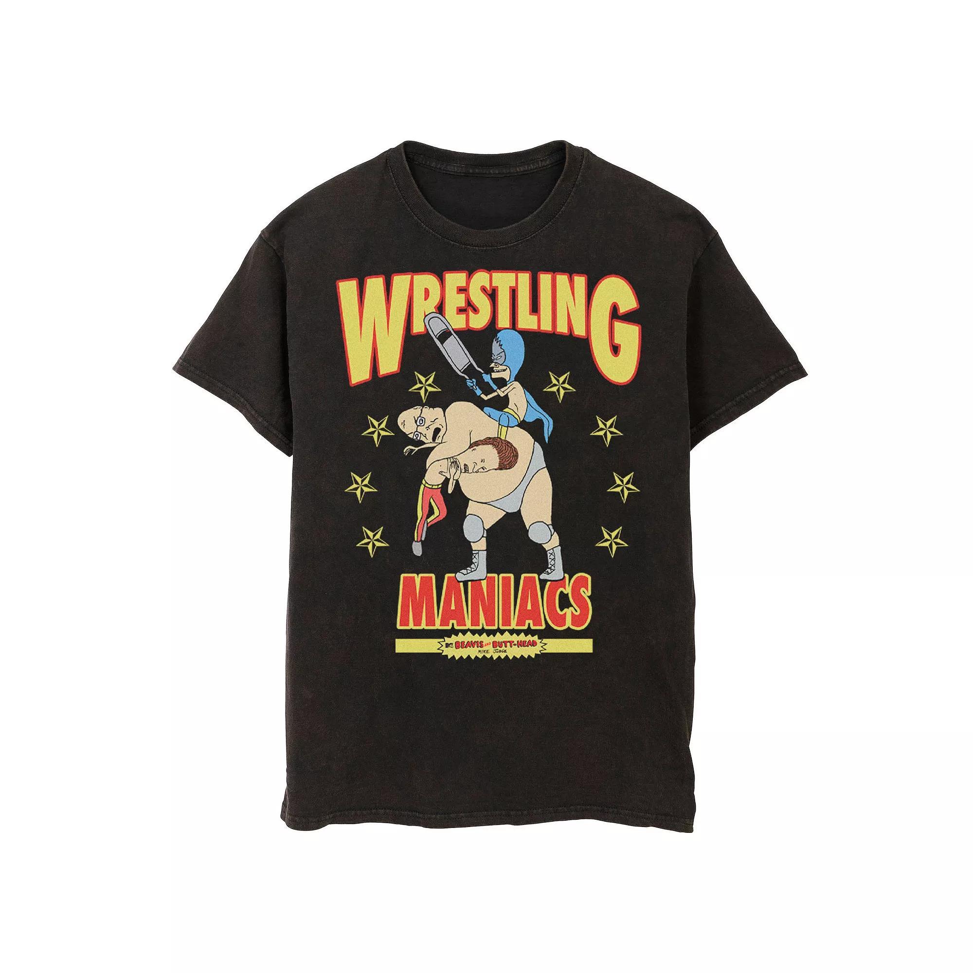 Men's Beavis And Butt-Head Wrestling Maniacs Wash Graphic Tee, Size: XL, Black Product Image