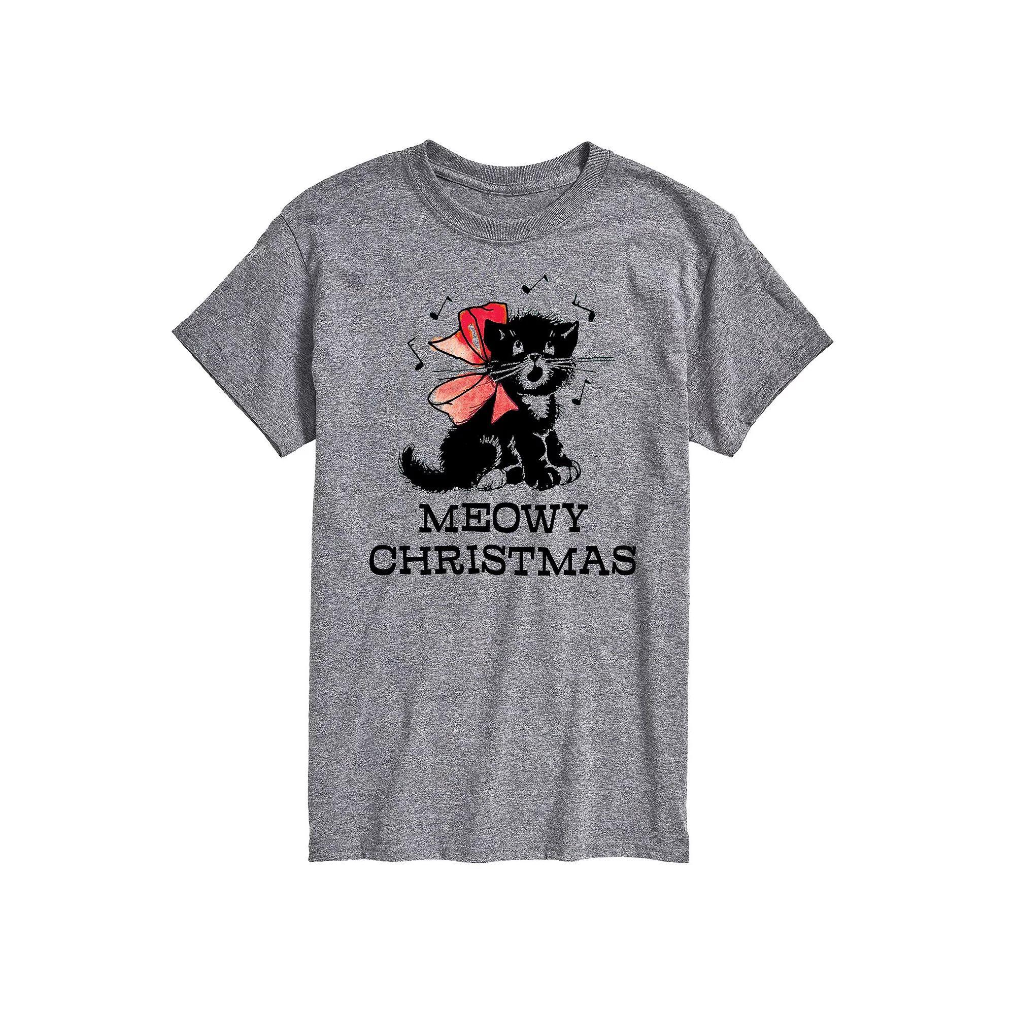 Men's Vintage Meowy Christmas Graphic Tee, Size: Small, Gray Product Image