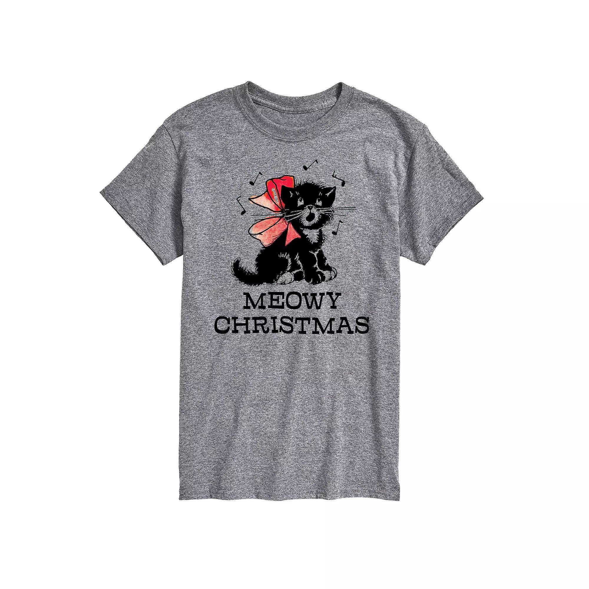 Men's Vintage Meowy Christmas Graphic Tee, Size: Small, Gray Product Image