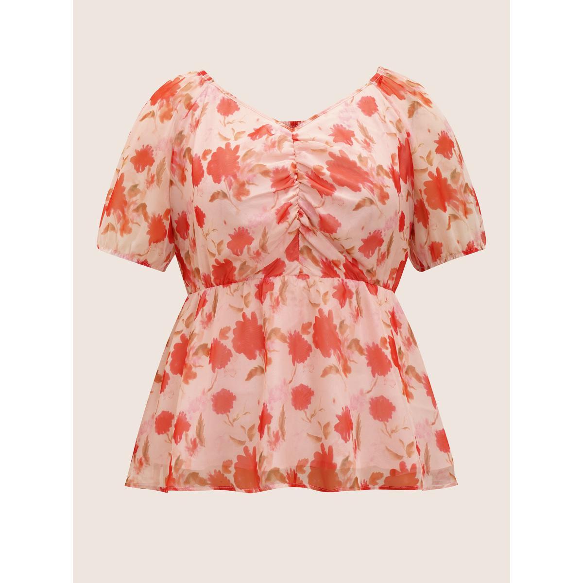 Plus Size Multicolor Floral Elastic Waist Mesh Ruched Blouse Women Elegant Short sleeve Heart neckline Everyday Blouses BloomChic 14-16/1X Product Image