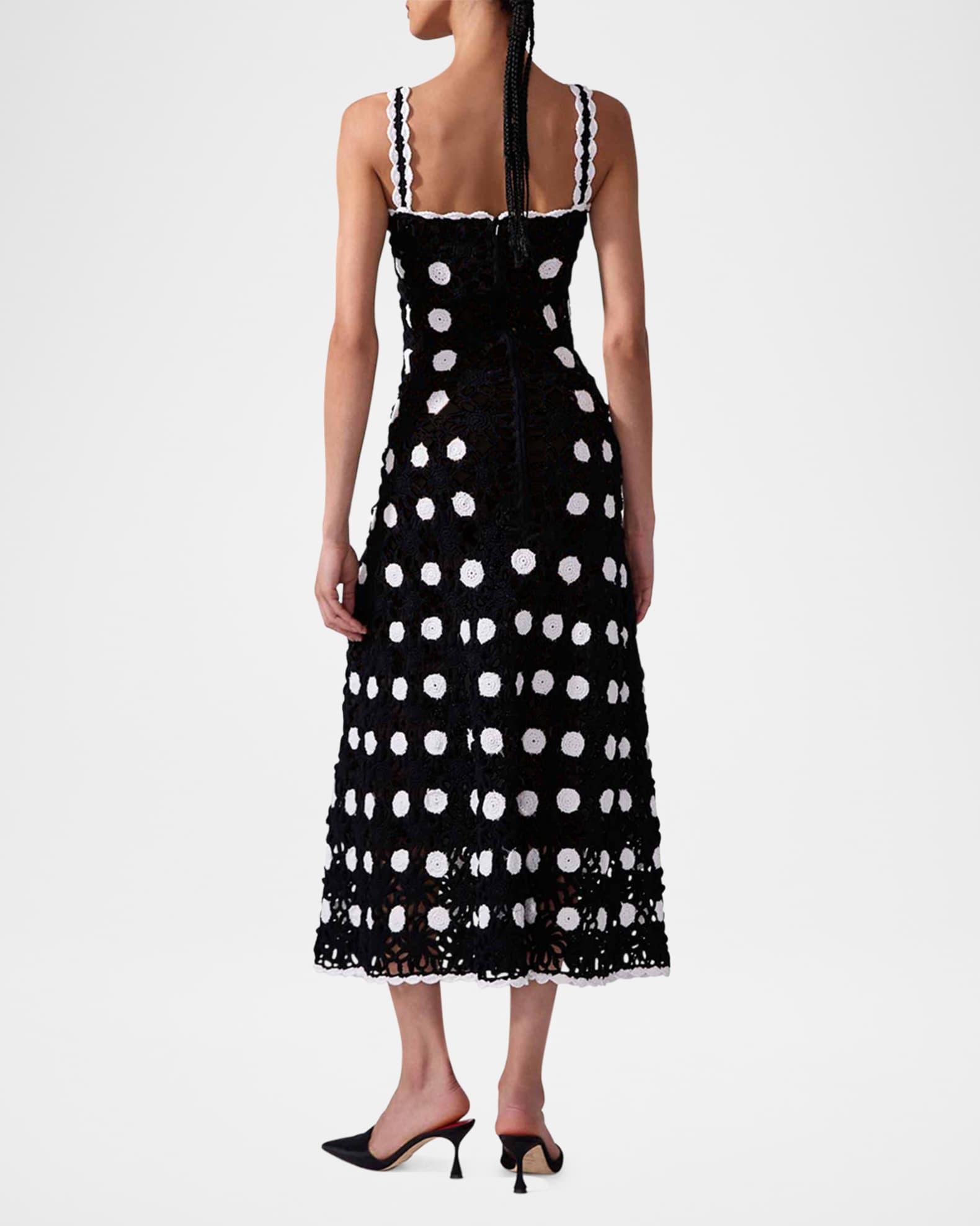 Polka-Dot Crochet-Knit Sleeveless Midi Dress Product Image