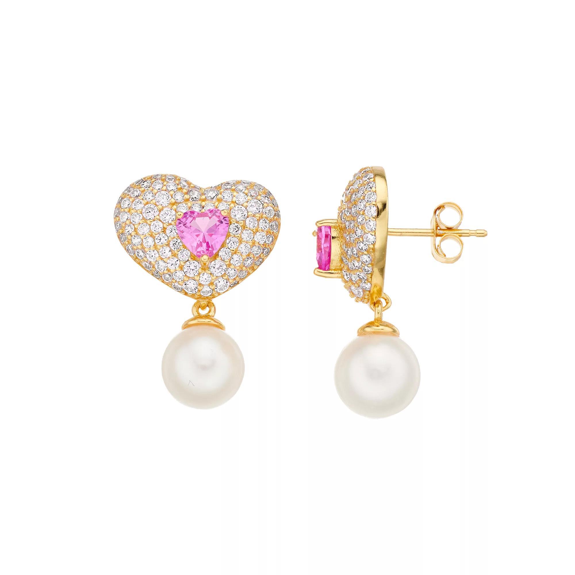 14k Gold Over Silver Cubic Zirconia & Cultured Pearl Heart Drop Earrings, Womens, Gold Tone Product Image
