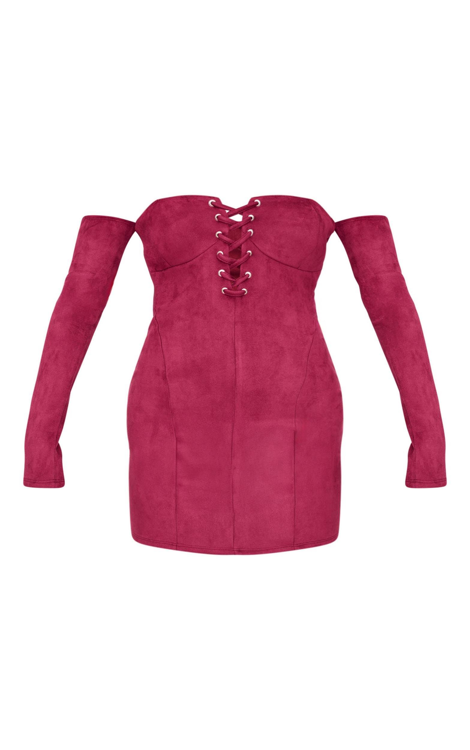 Burgundy Faux Suede Lace Up Detail Bardot Bodycon Dress Product Image