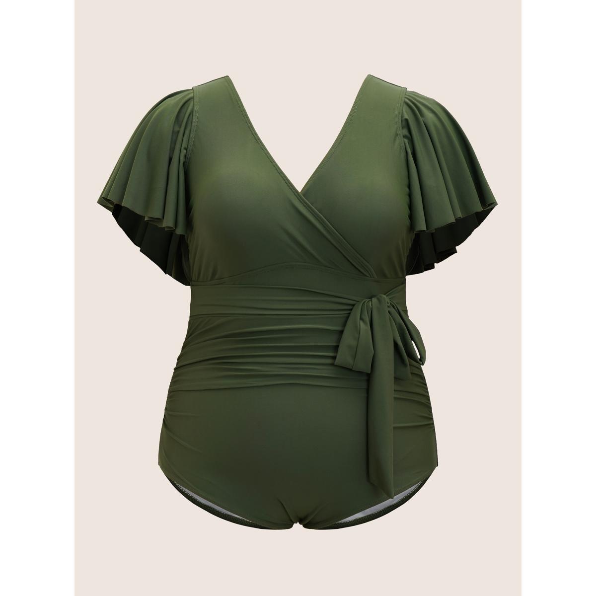Plus Size Solid Overlap Collar Ruffle Sleeve One Piece Swimsuit Women's Swimwear ArmyGreen Beach Ruffles Curve Bathing Suits High stretch One Pieces BloomChic 26/4X Product Image