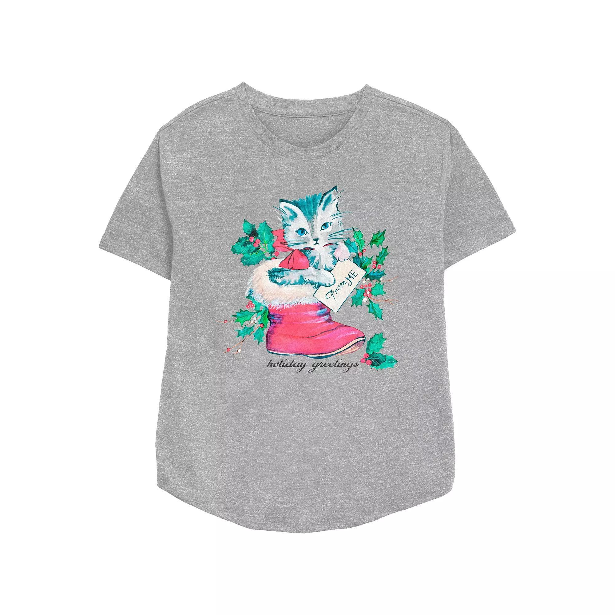 Women's Holiday Greetings Christmas Kitty Stocking Stuffer Relaxed Fit Graphic Tee, Size: XXL, Athletic Grey Product Image