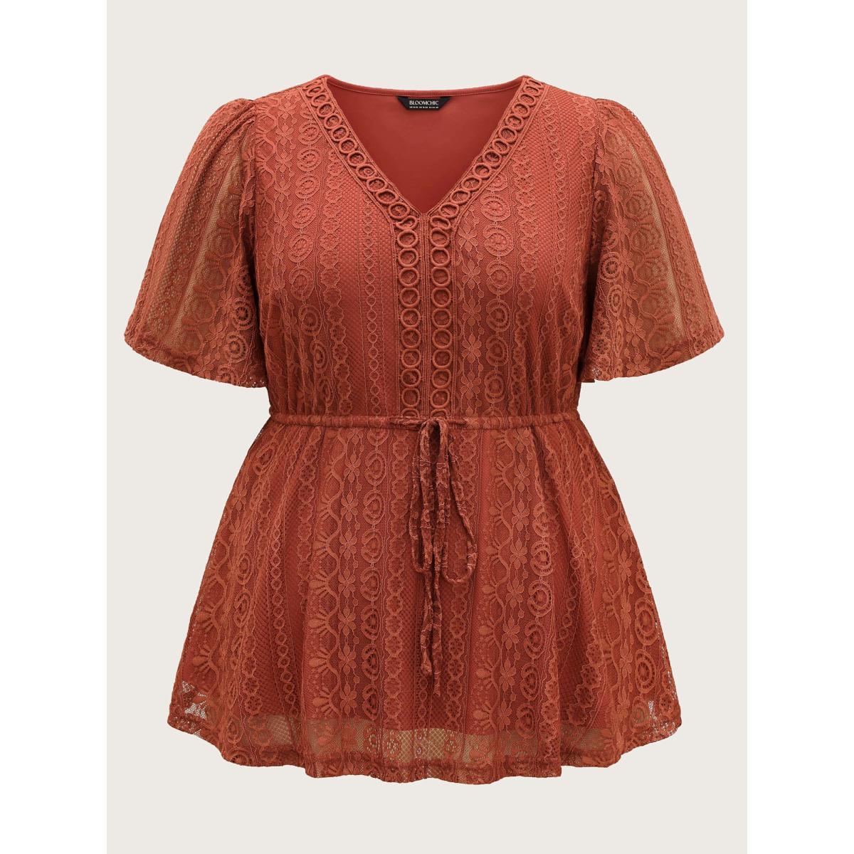 Plus Size Russet V Neck Lace Panel Drawstring Blouse Women Elegant Short sleeve V-neck Everyday Blouses BloomChic 30/6X Product Image