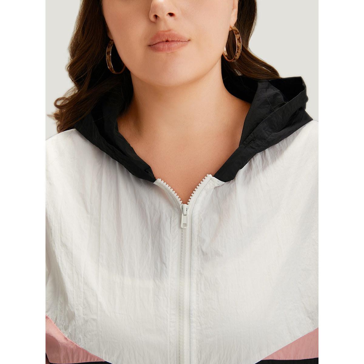 Plus Size Colorblock Contrast Zipper Pocket Hooded Jacket Women Black Elastic cuffs Pocket Dailywear Jackets BloomChic 18-20/2X Product Image