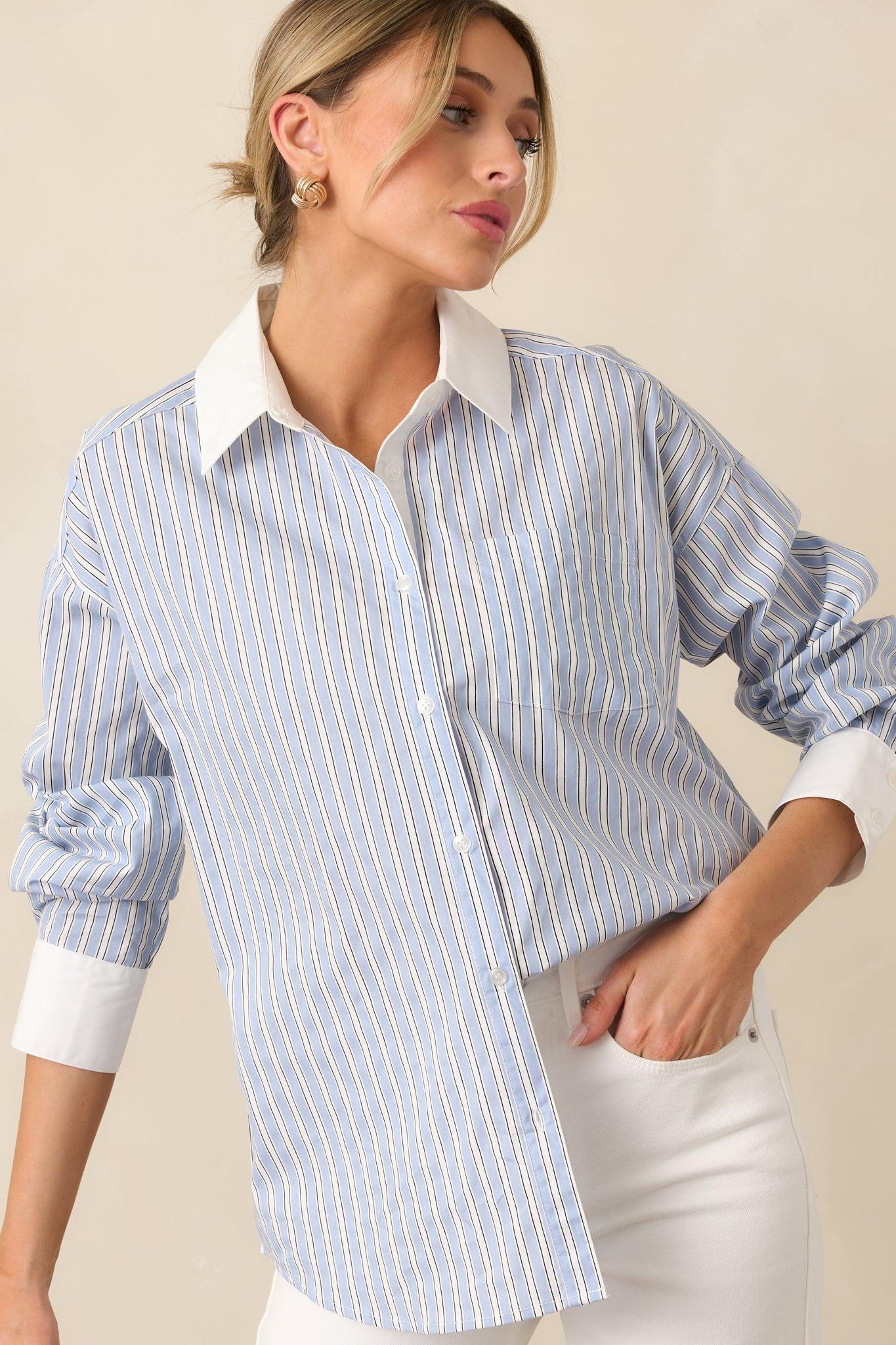 A Walk To The Bakery Blue Cotton Button Front Blouse Product Image