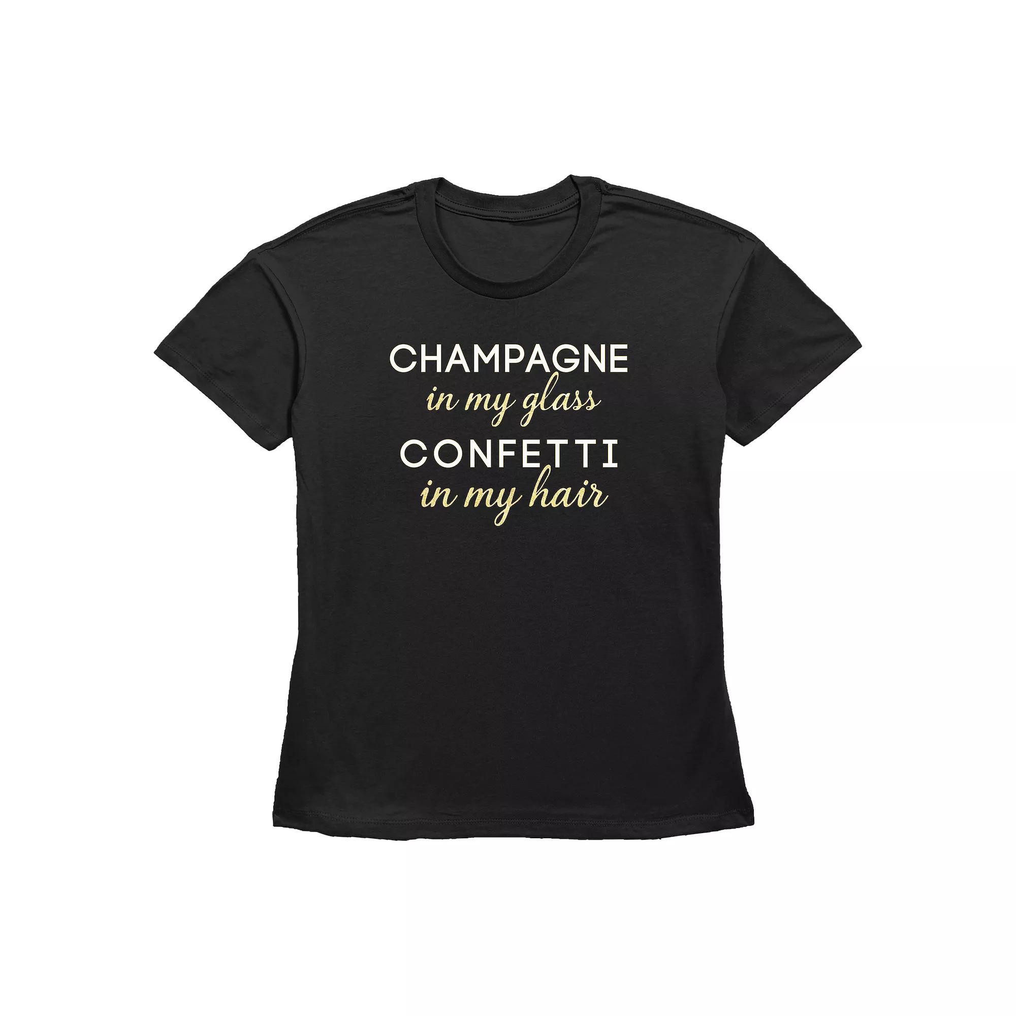 Women's Champagne In My Glass Confetti In My Hair Graphic Tee, Size: XS, Black Product Image