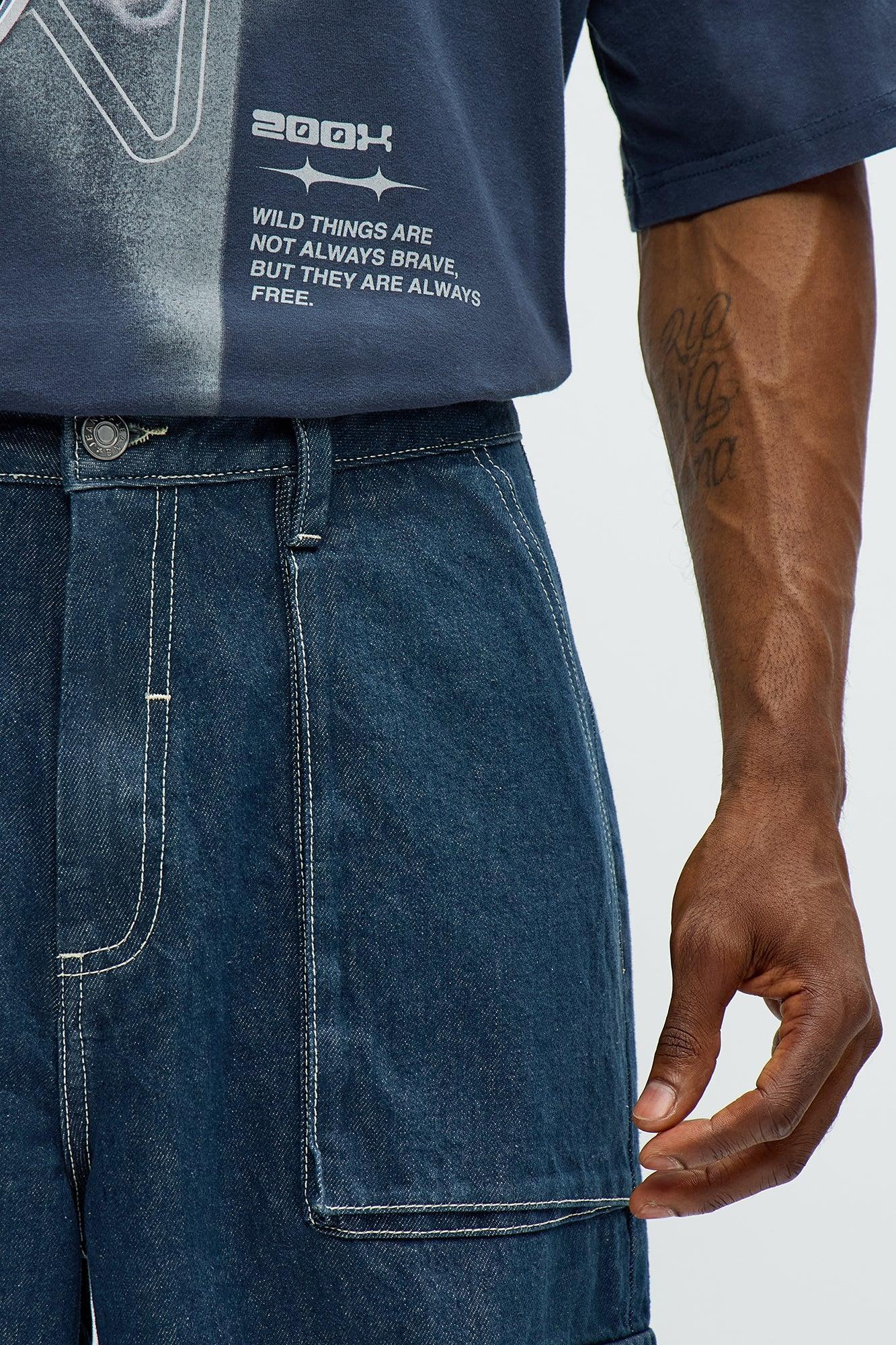 Deep End Contrast Stitch Baggy Jeans - Dark Wash Male Product Image