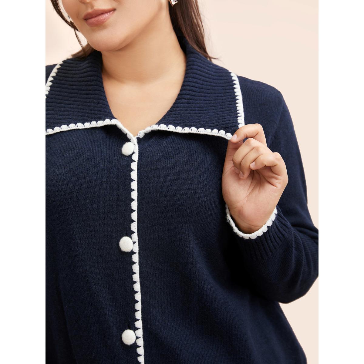 Plus Size Lapel Collar Contrast Trim Cardigan Indigo Women Casual Long Sleeve Everyday Cardigans BloomChic 10/M Product Image