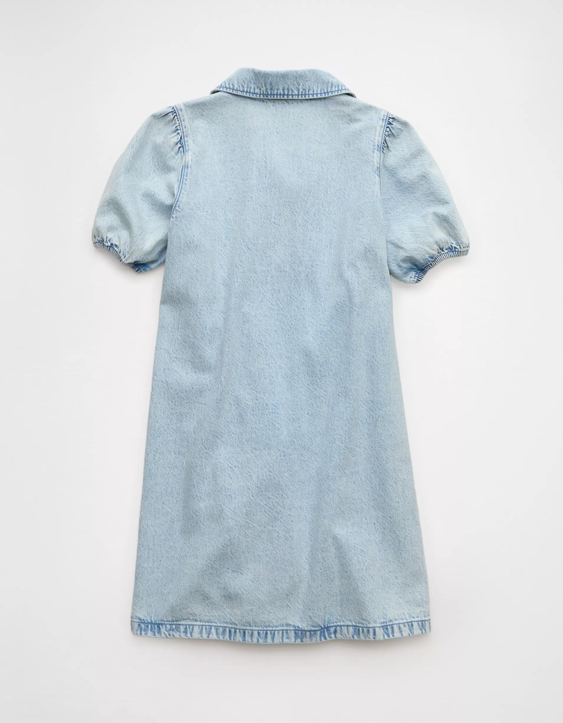 AE Collared Puff Sleeve Tie Front Denim Mini Dress Product Image