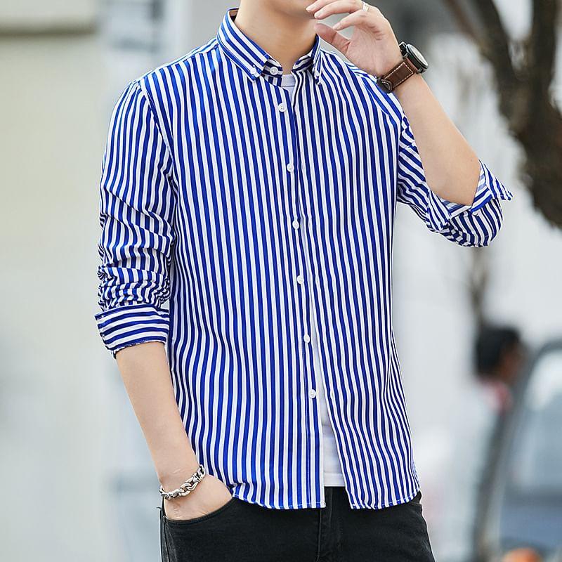 Long Sleeve Collared Button Down Striped Shirt Product Image