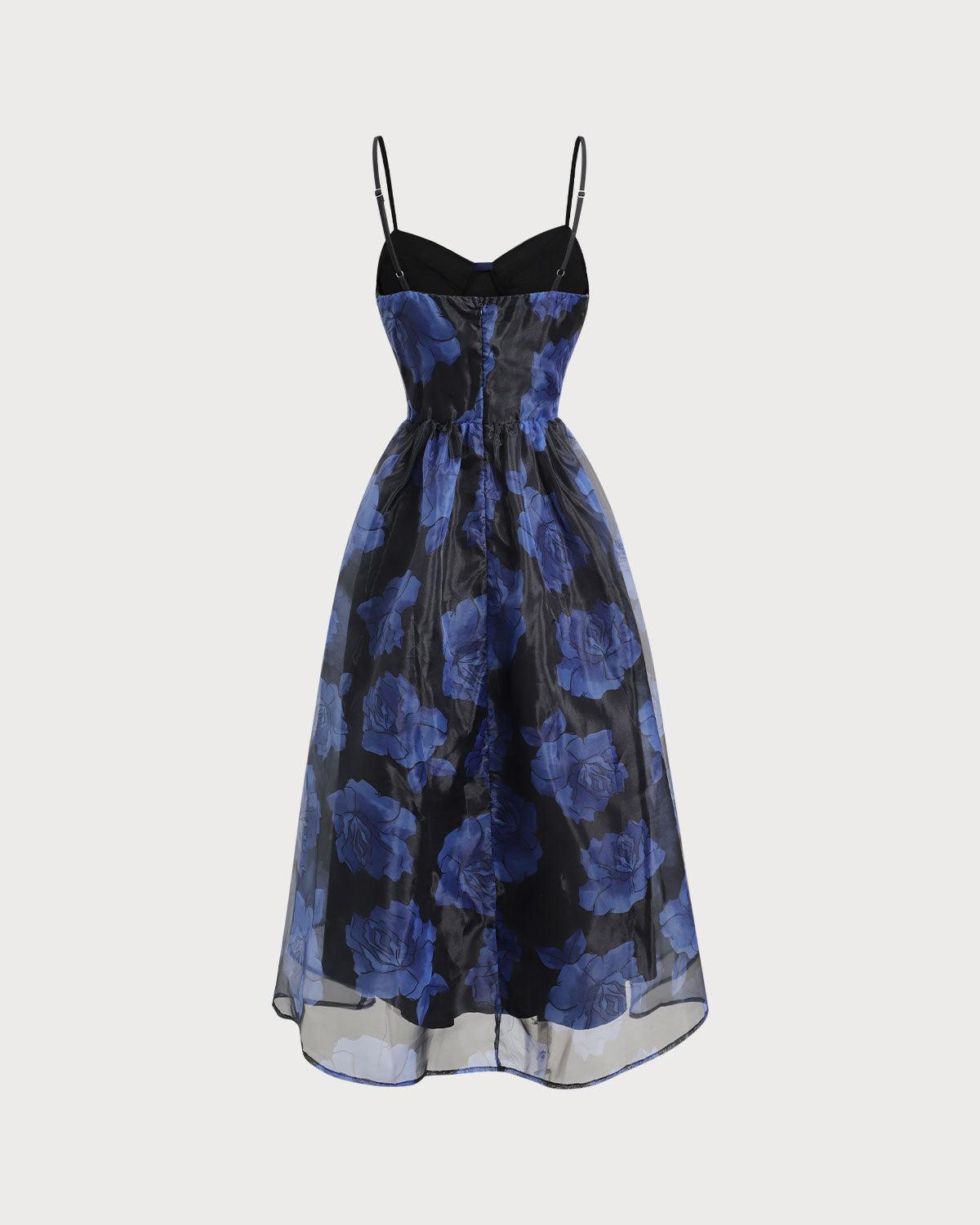 Navy Floral Sweetheart Neck Slip Midi Dress Product Image