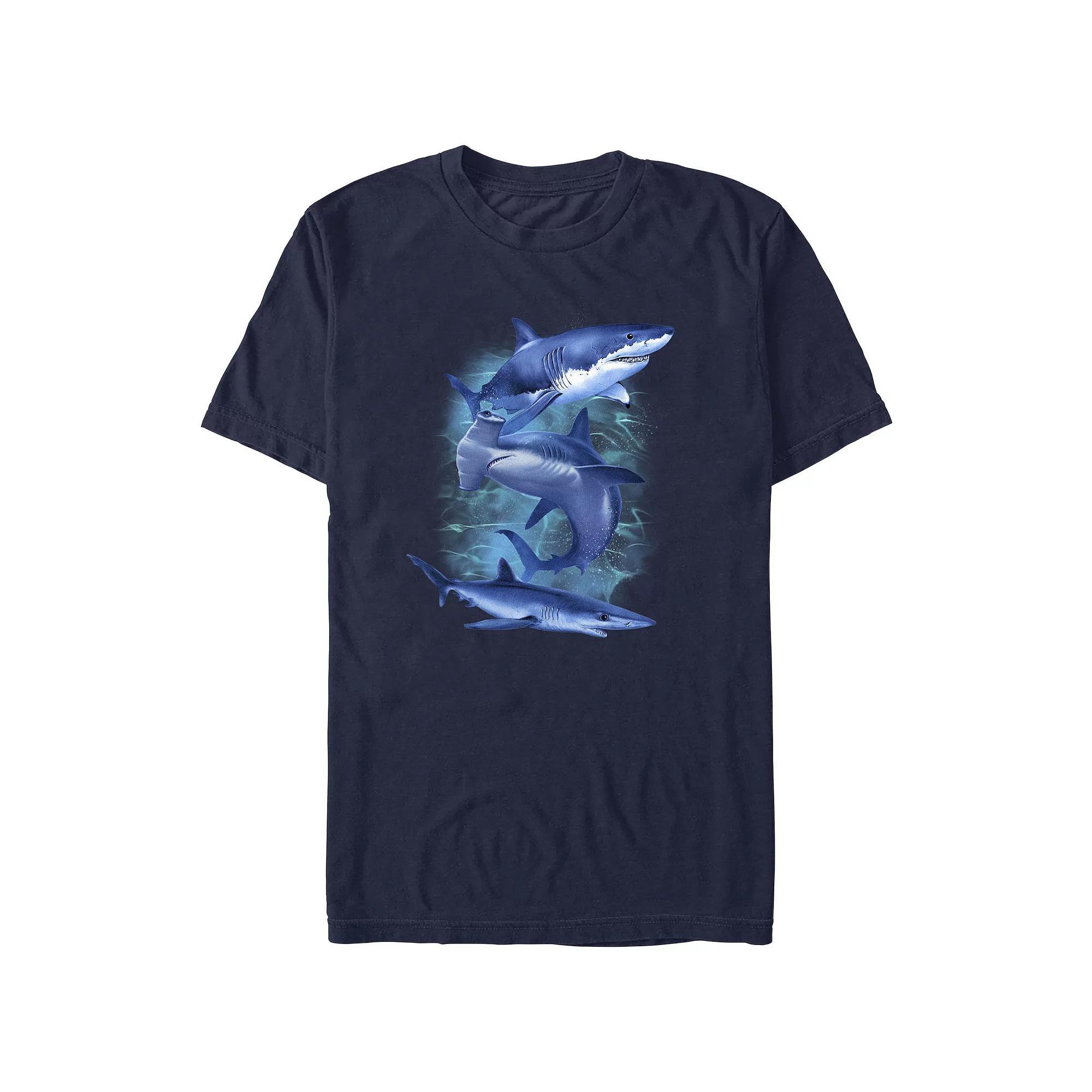 Men's Three Blue Sharks Graphic Tee, Size: XS Product Image