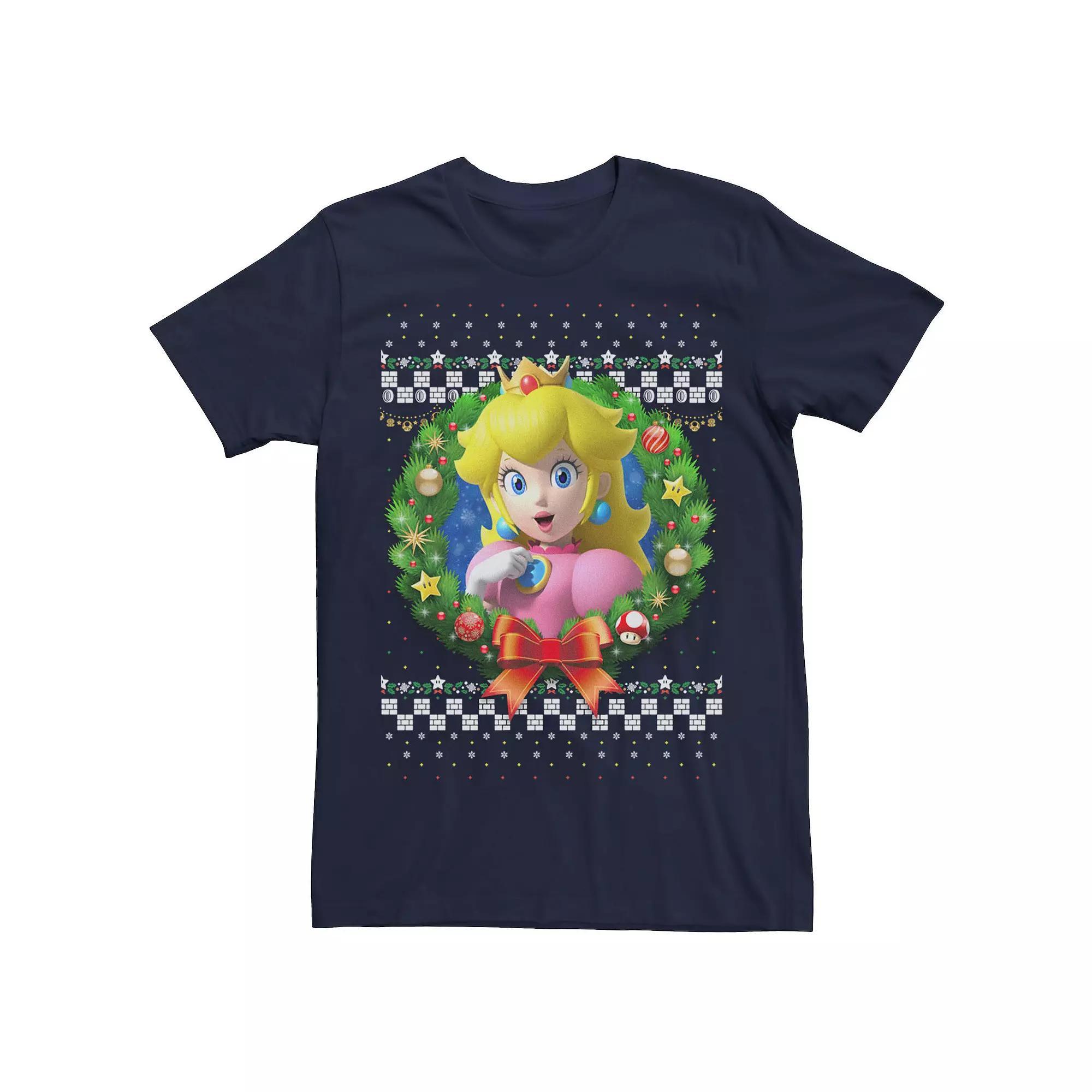 Men's Nintendo Super Mario 3D Peach Christmas Wreath Graphic Tee, Size: 3XL, Blue Product Image