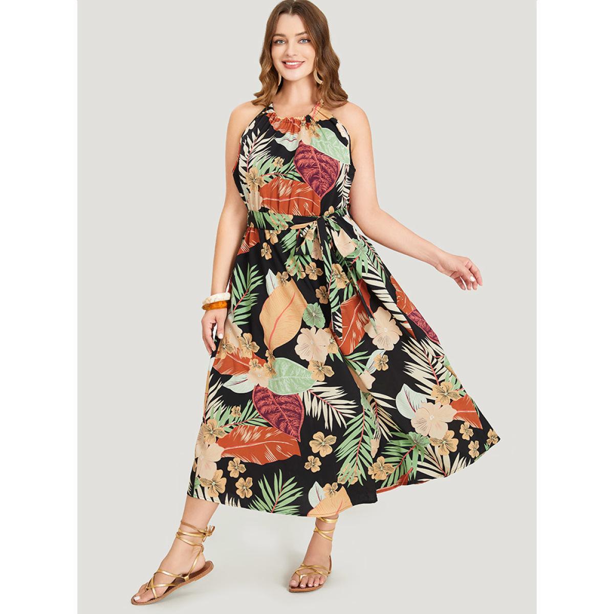 Plus Size Tropical Print Ruffle Hem Pocket Belt Knotted Halter Dress Black Women Vacation Cross straps Halter neck Sleeveless Curvy Midi Dress BloomChic 22-24/3X Product Image