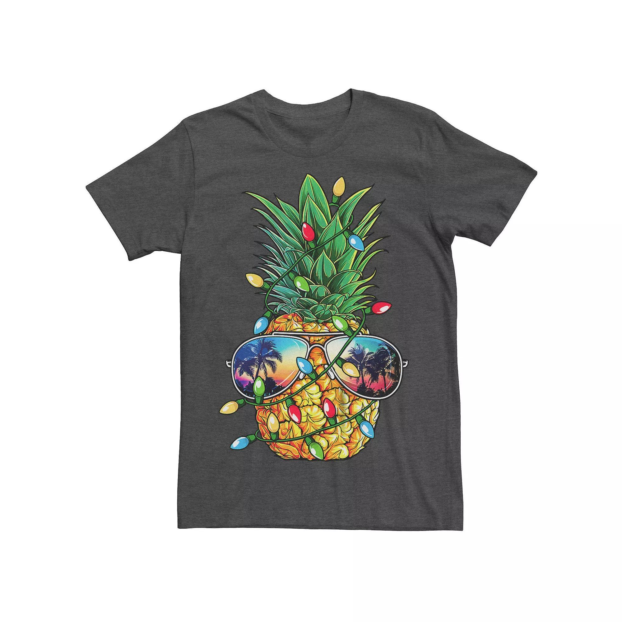 Men's Christmas Lights Pineapple Sunglasses Sunset Graphic Tee, Size: Small, Navy Grey Product Image