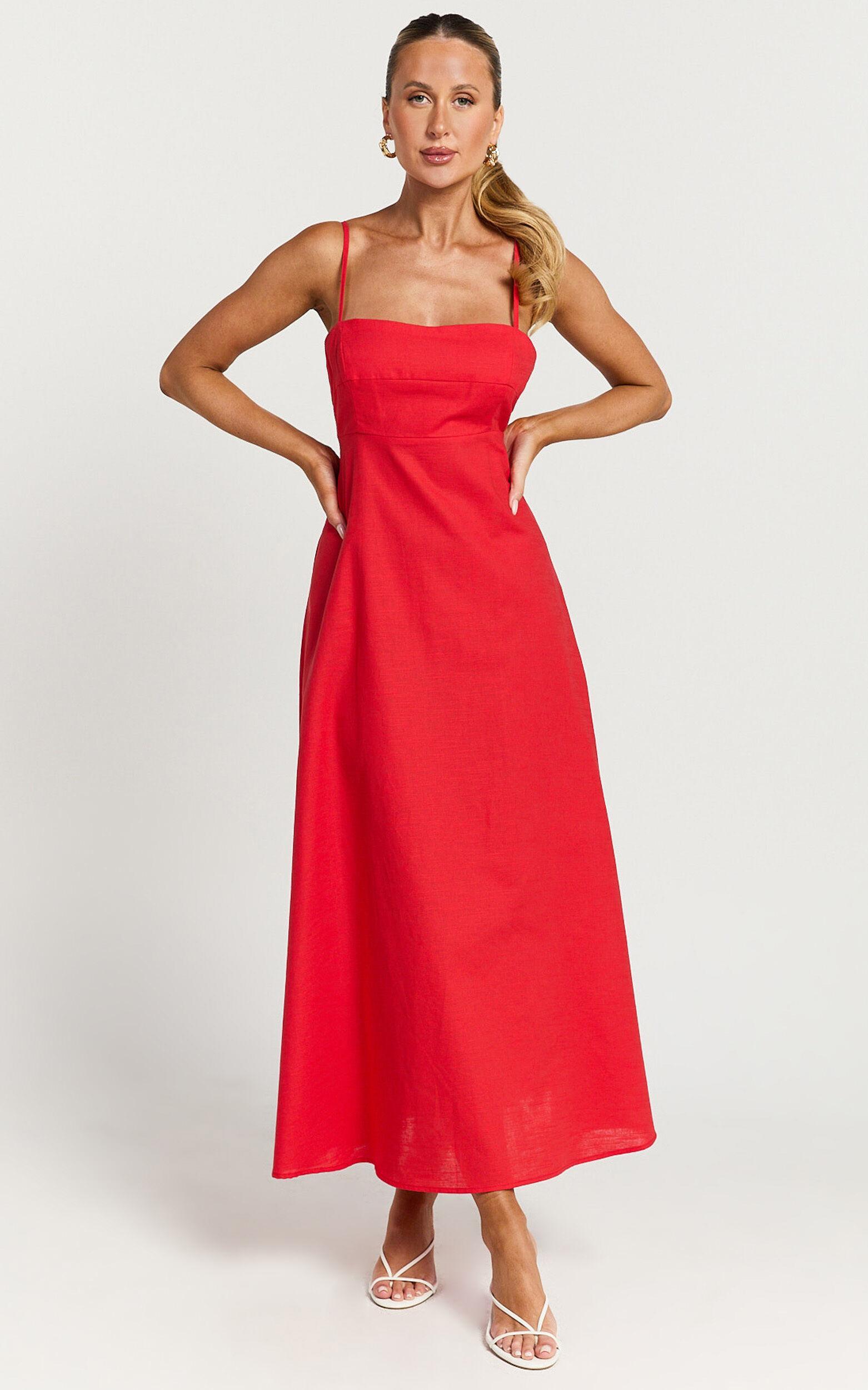 Brette Midi Dress - Linen Straight Neck Strappy Fit And Flare Dress in Red Product Image