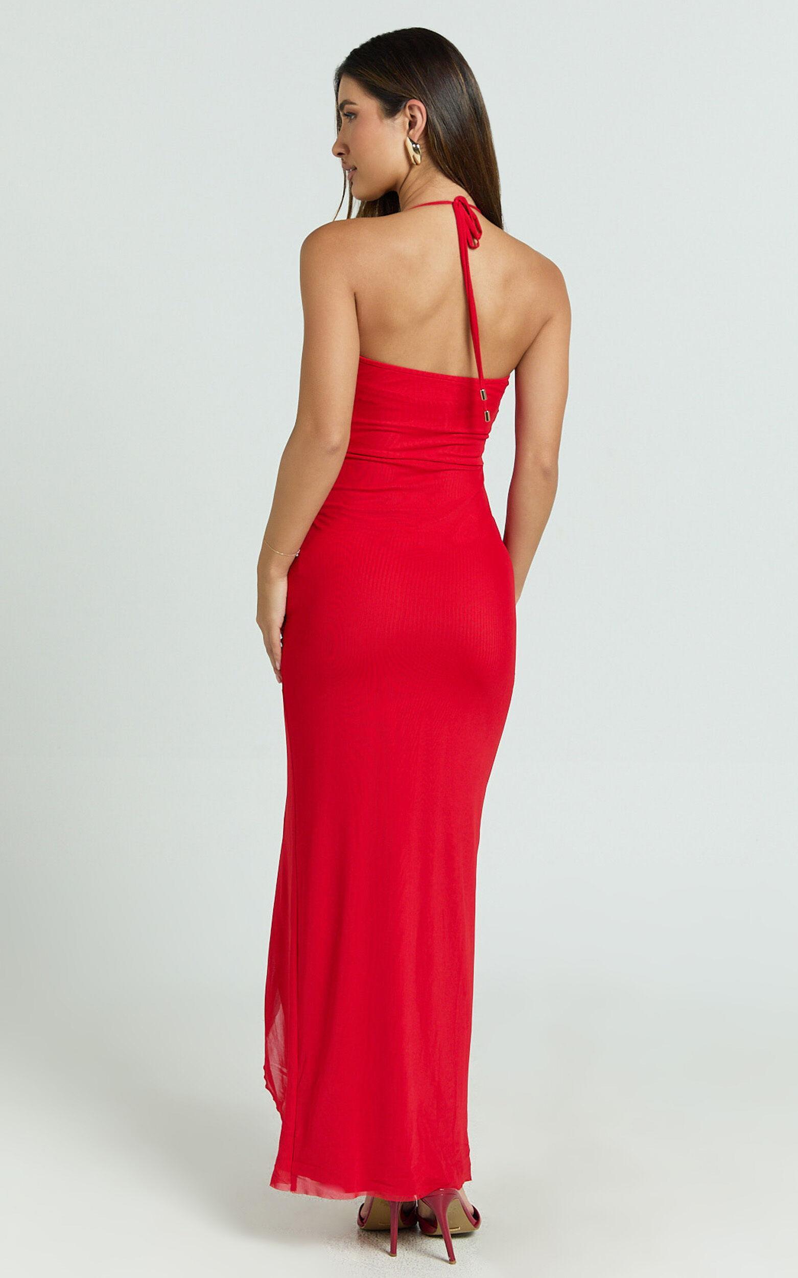 Silvana Maxi Dress - Halter Ruched Side Split Dress in Red Product Image