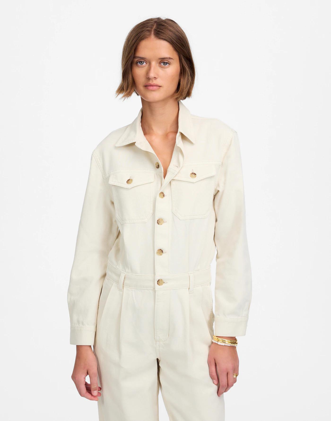 Denim Pleated Barrel-Leg Jumpsuit in Vintage Canvas Product Image