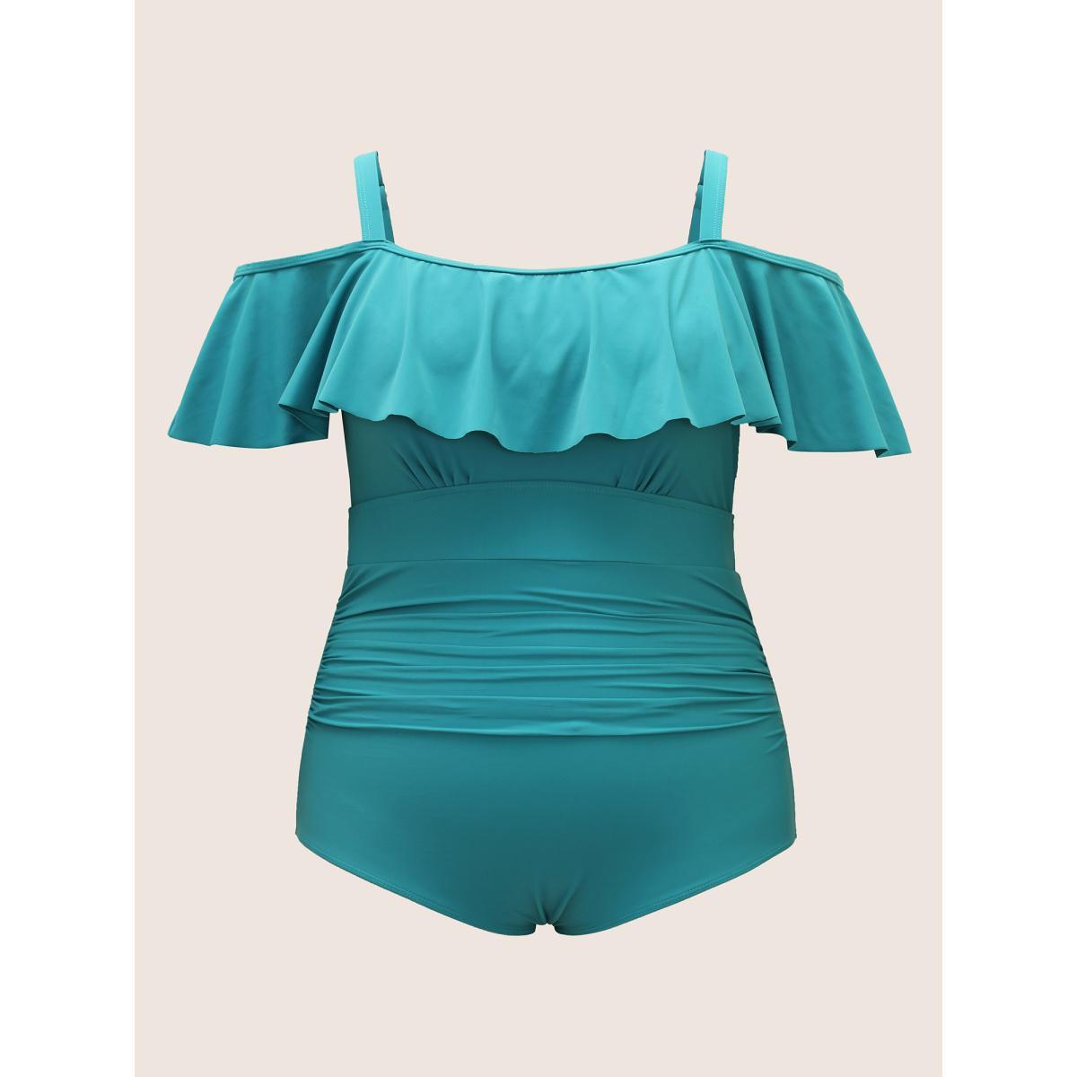 Plus Size Off Shoulder Ruffle Trim One Piece Swimsuit Women's Swimwear Teal Beach Gathered Curve Bathing Suits High stretch One Pieces BloomChic 14-16/1X Product Image