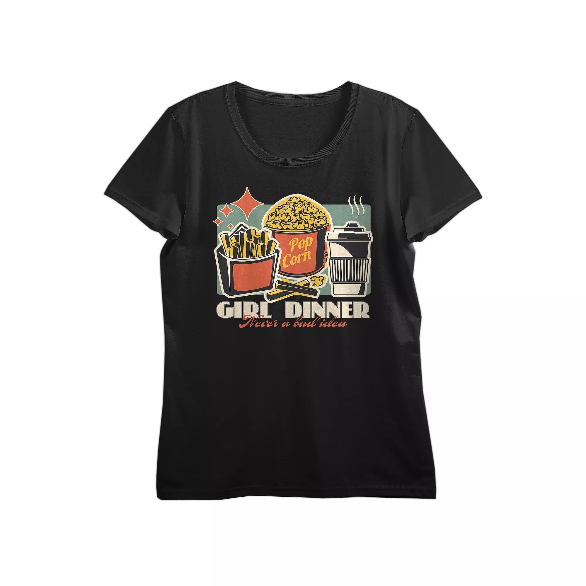 Juniors' Girl Dinner French Fries, Popcorn & Coffee Graphic Tee, Women's, Size: Large, Black Product Image