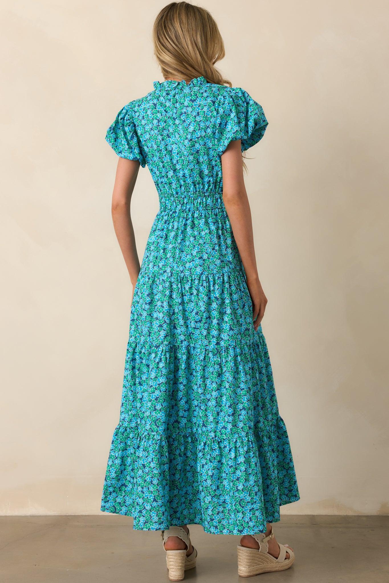 Fell For It Turquoise Floral Print Cotton Puff Sleeve Maxi Dress Product Image