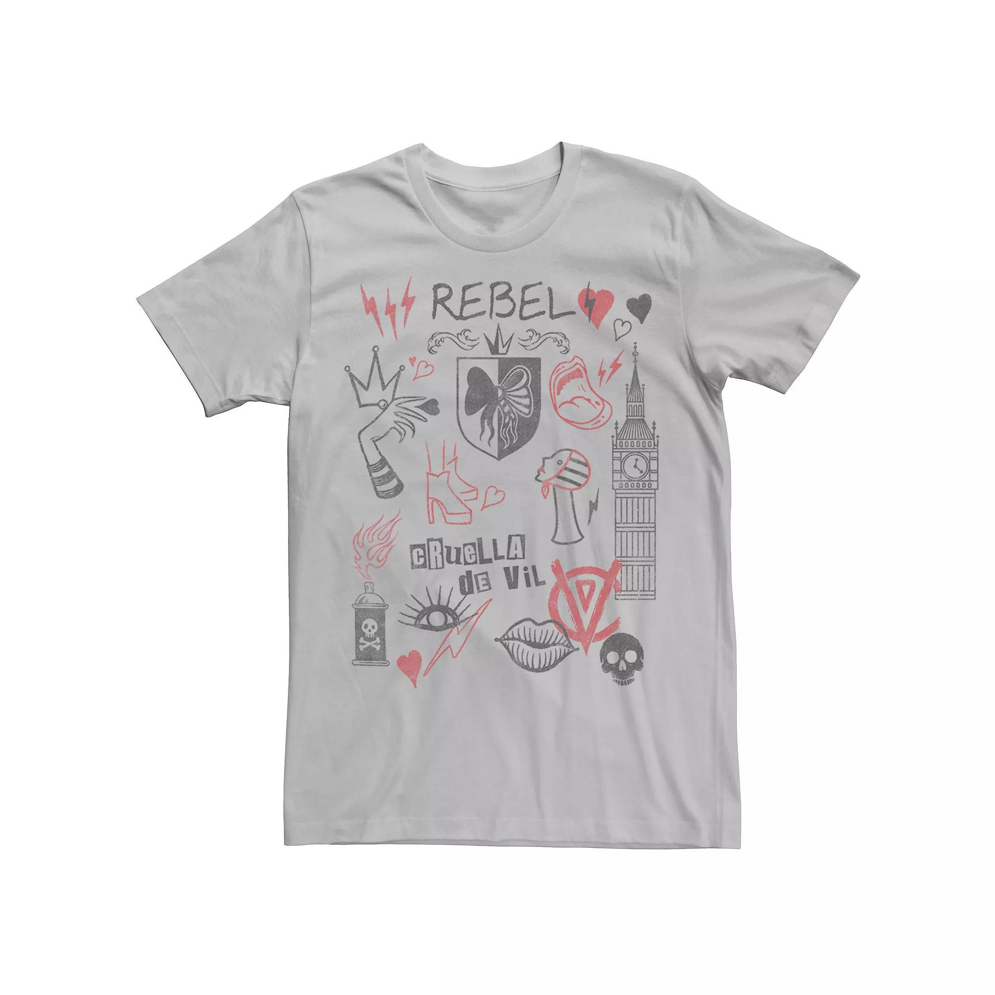 Disney's Cruella De Vil Men's Rebel Fashion Sketches Tee, Size: Small, Silver Product Image