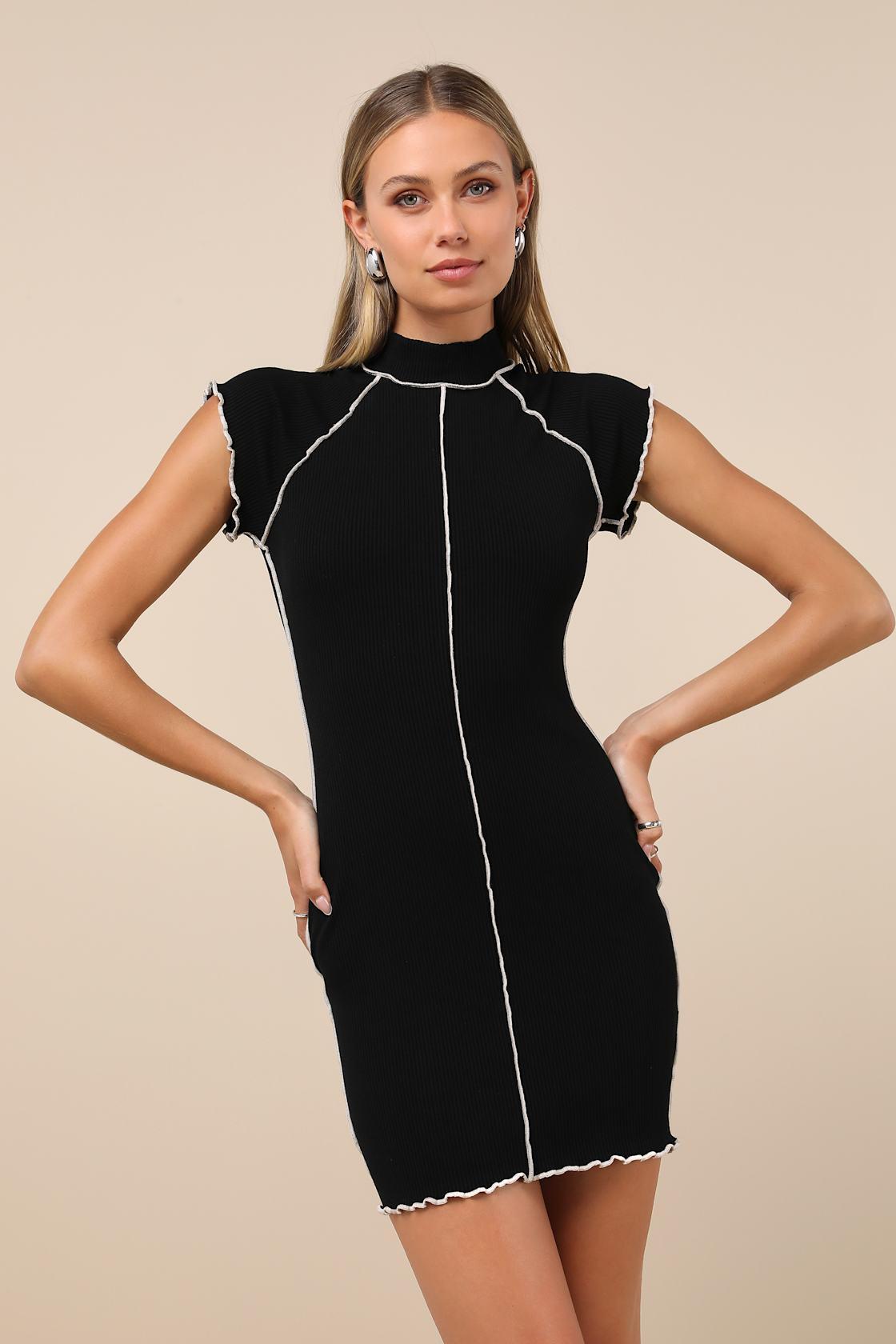 Cool Vibe Black Ribbed Short Sleeve Mock Neck Mini Dress Product Image